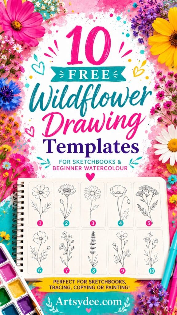 Pinterest pin reading '10 FREE Wildflower Drawing Templates for sketchbooks & beginner watercolour — perfect for sketchbooks, tracing, copying or painting!' with a numbered grid of all 10 pencil wildflower templates inside a spiral sketchbook, surrounded by vibrant cosmos, daisies, and watercolour palette.