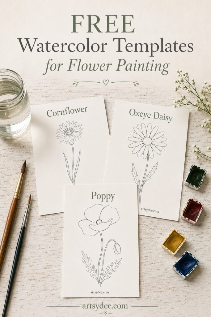 Vibrant Pinterest pin reading 'FREE Watercolor Templates for Flower Painting' in bold pink, teal, and purple typography on a cream paper background, with three printed template cards (Cornflower, Oxeye Daisy, Poppy) on a desk with watercolour palette, brushes, and a small jar of pink flowers.