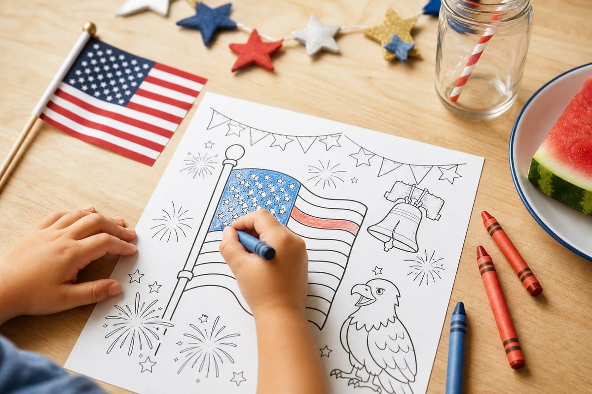 Hand-drawn fireworks and sketchbook on a picnic blanket for 4th of July