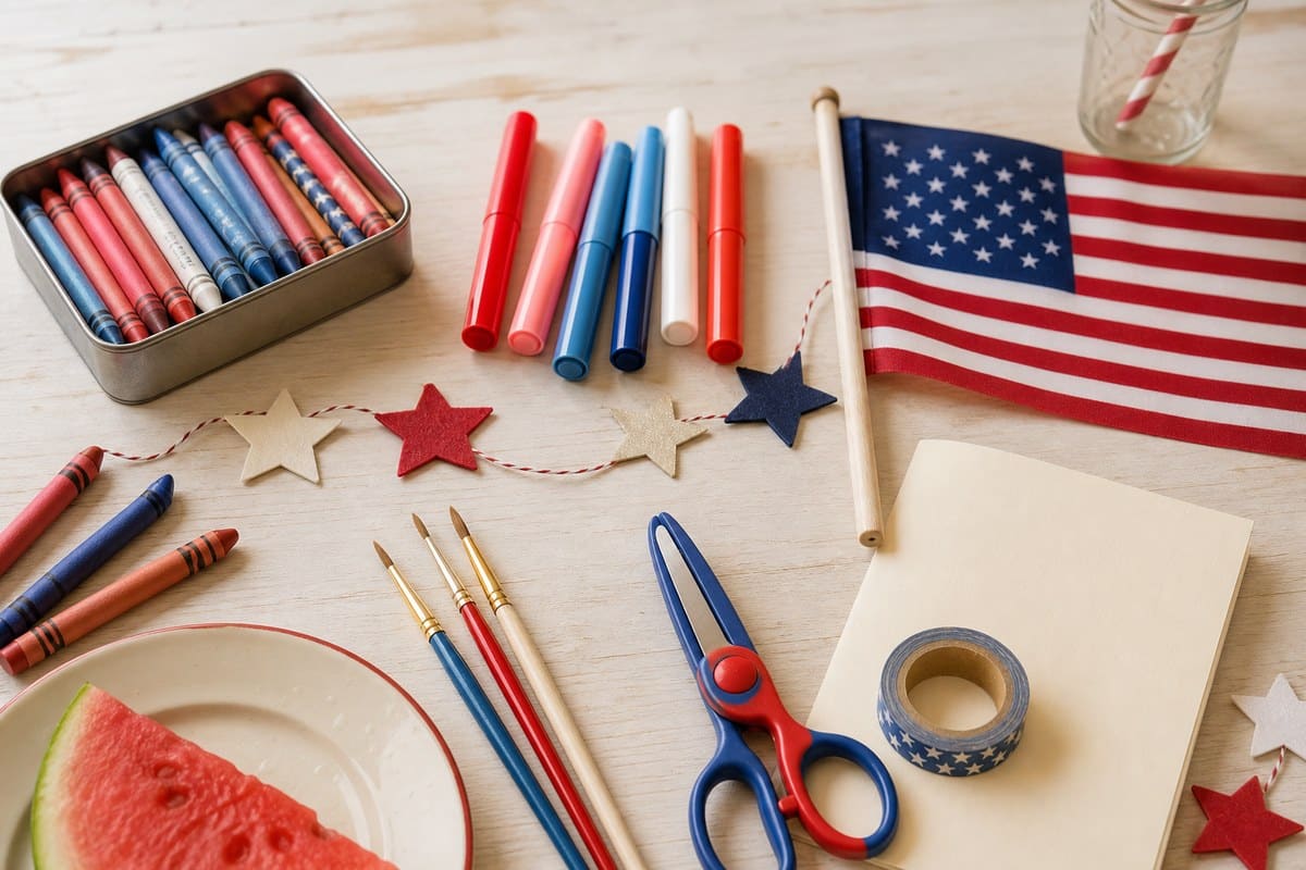 Cozy craft desk with sketchbook showing patriotic doodles and coloured pencils