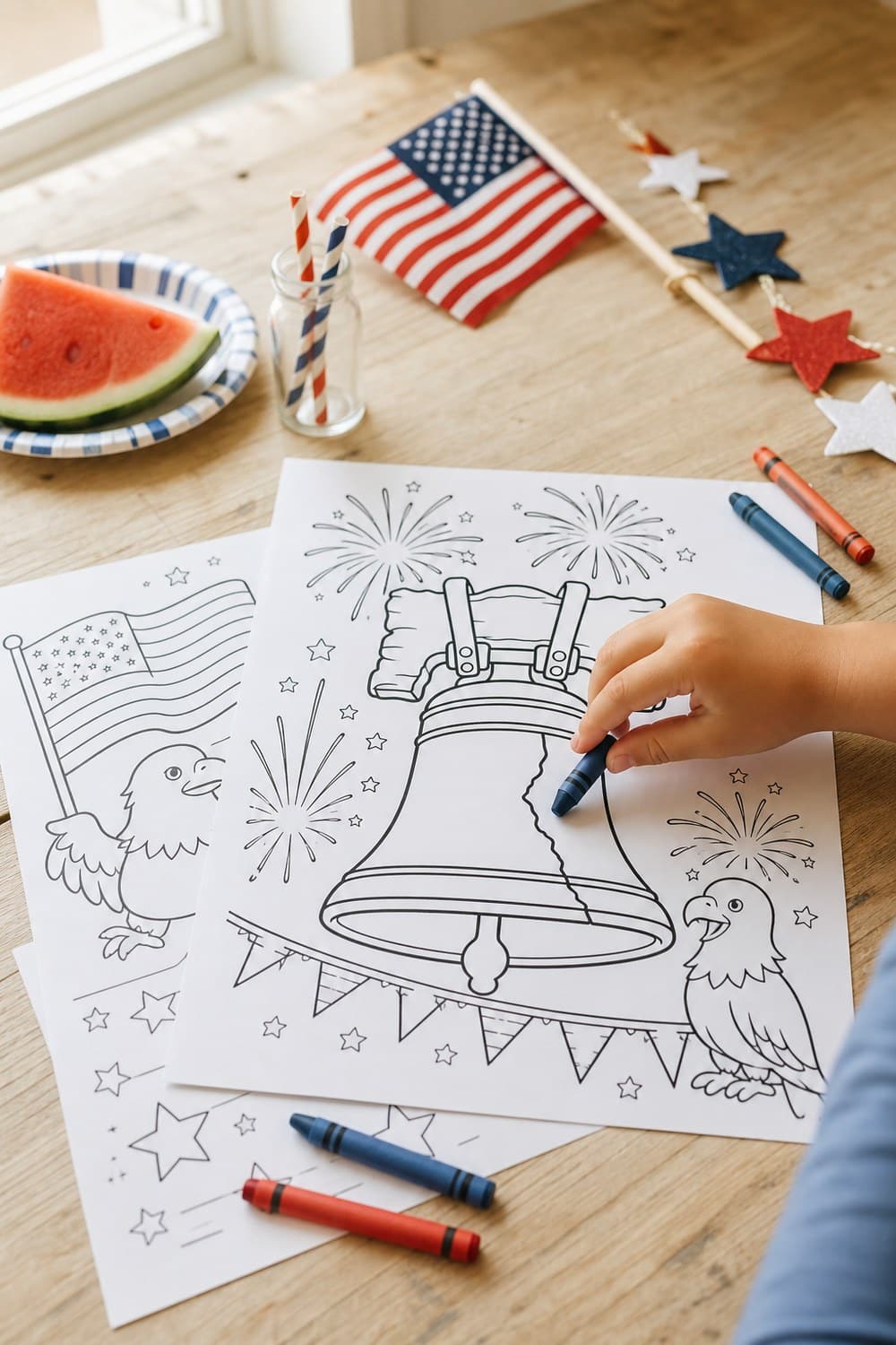 Printed 4th of July drawing template on a cream linen desk with a small flag and coloured pencils