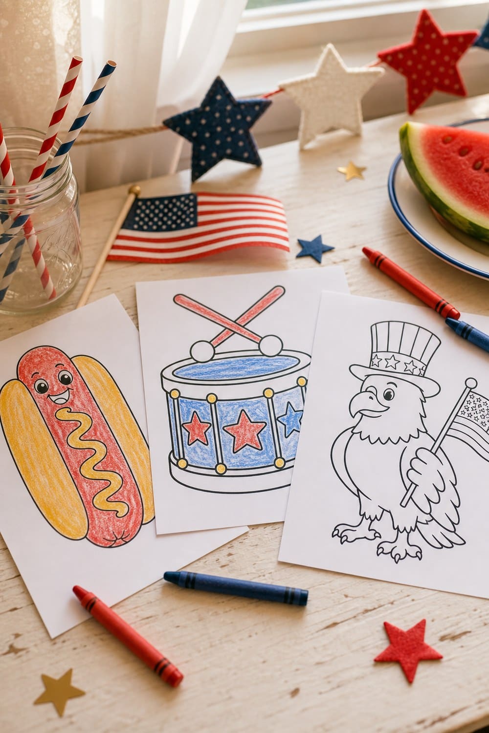 Free 4th of July drawing templates printed on a cream linen desk with picnic basket and lavender
