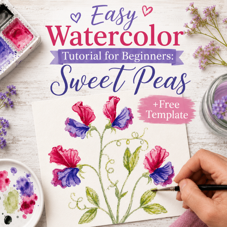 Free watercolor sweet pea outline template before and after Pinterest pin with Cupani lineart and finished painting