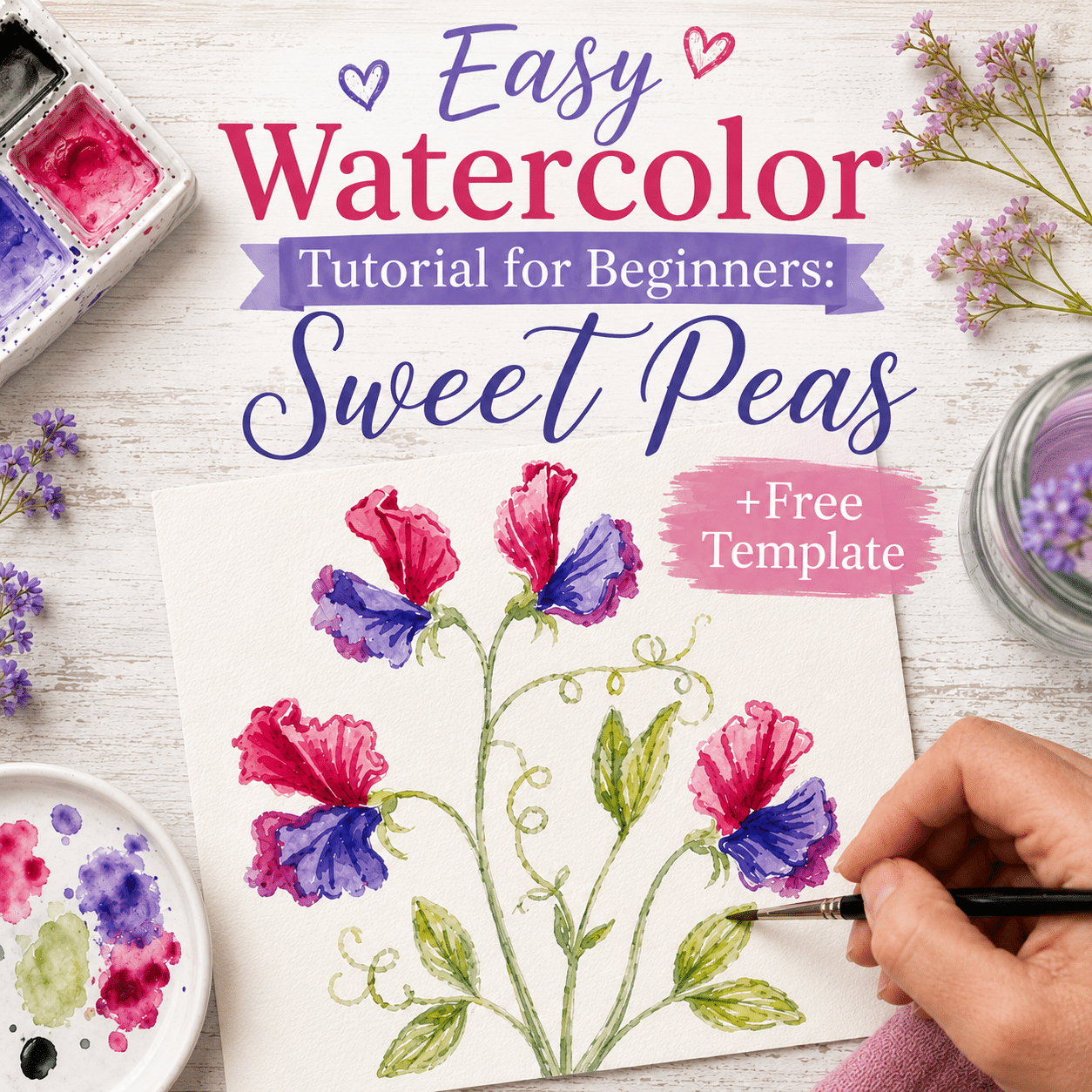 Free watercolor sweet pea outline template before and after Pinterest pin with Cupani lineart and finished painting