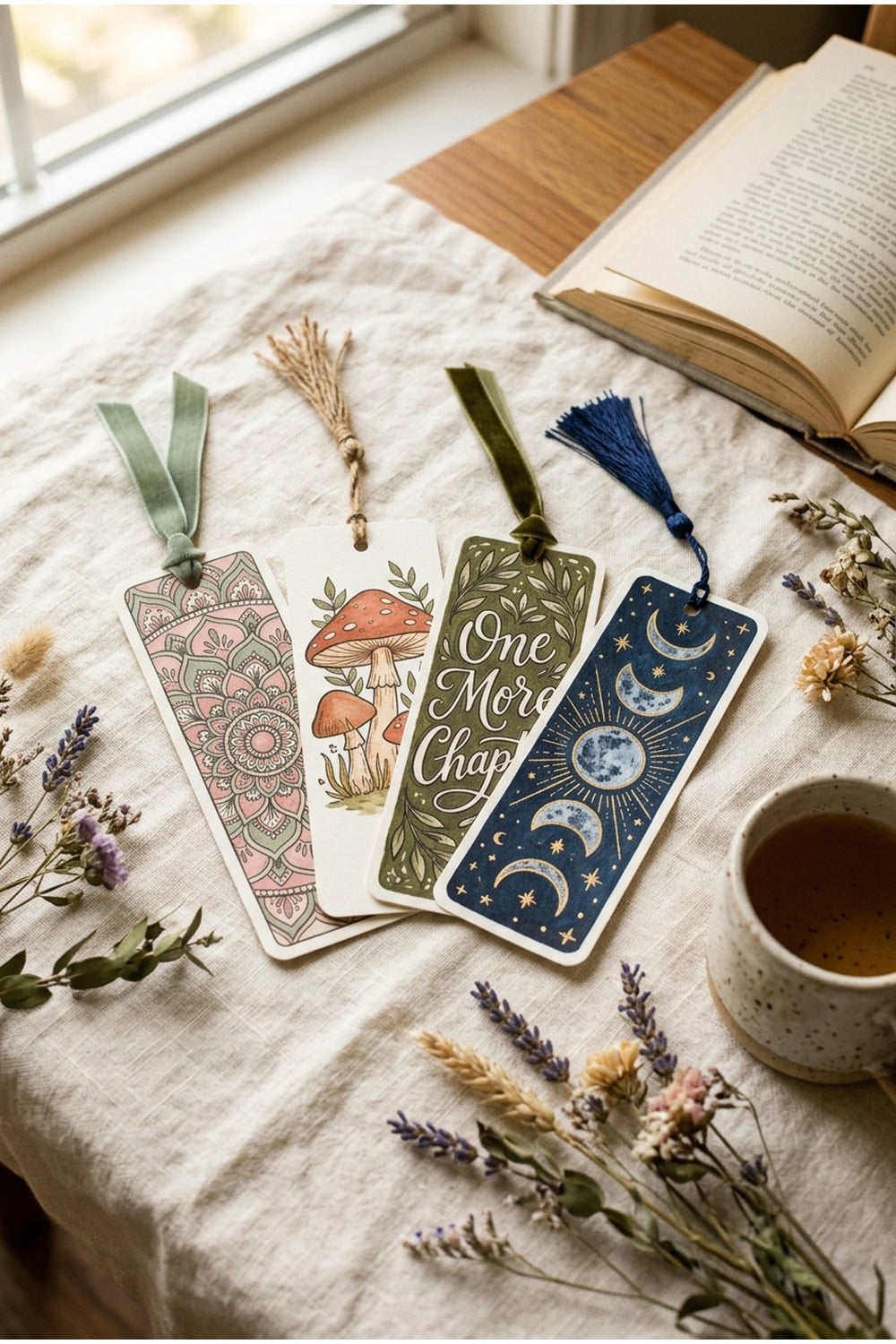 Four finished coloured bookmarks fanned out with ribbon tassels, on cream linen