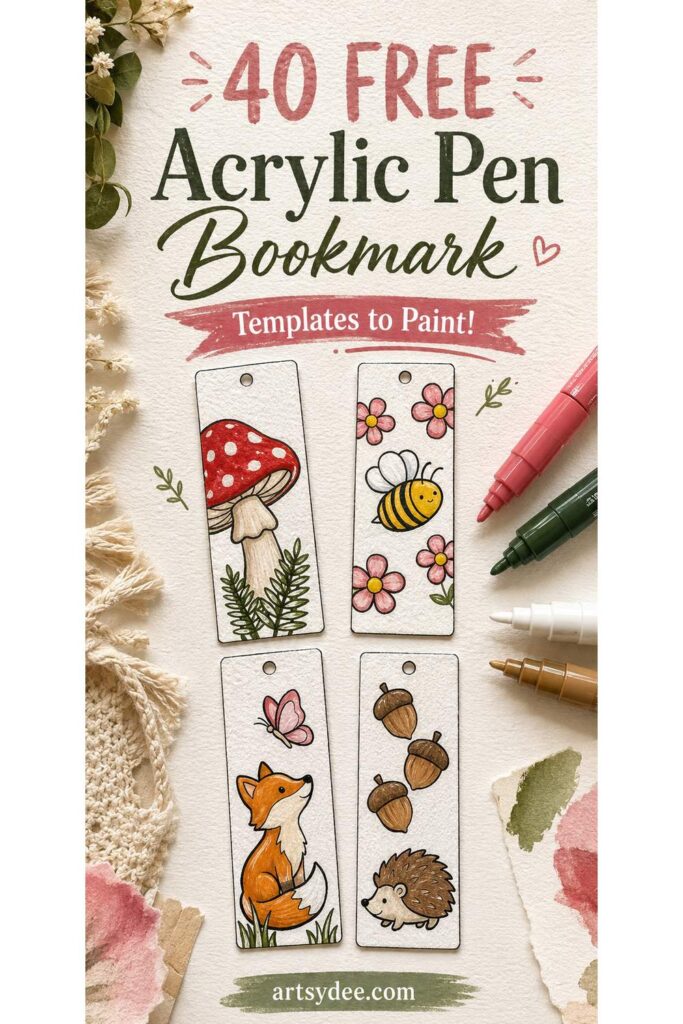Cottagecore animal bookmark templates with mushroom, bee, fox, hedgehog designs free printable Pinterest pin
