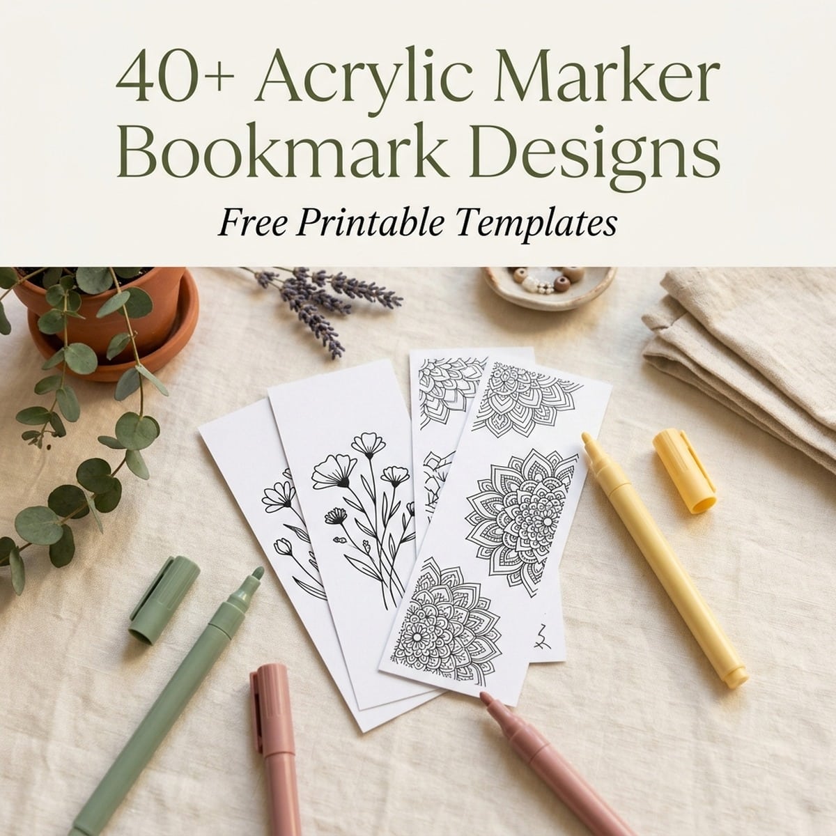 40+ Acrylic Marker Bookmark Designs &mdash; free printable templates fanned with markers on linen
