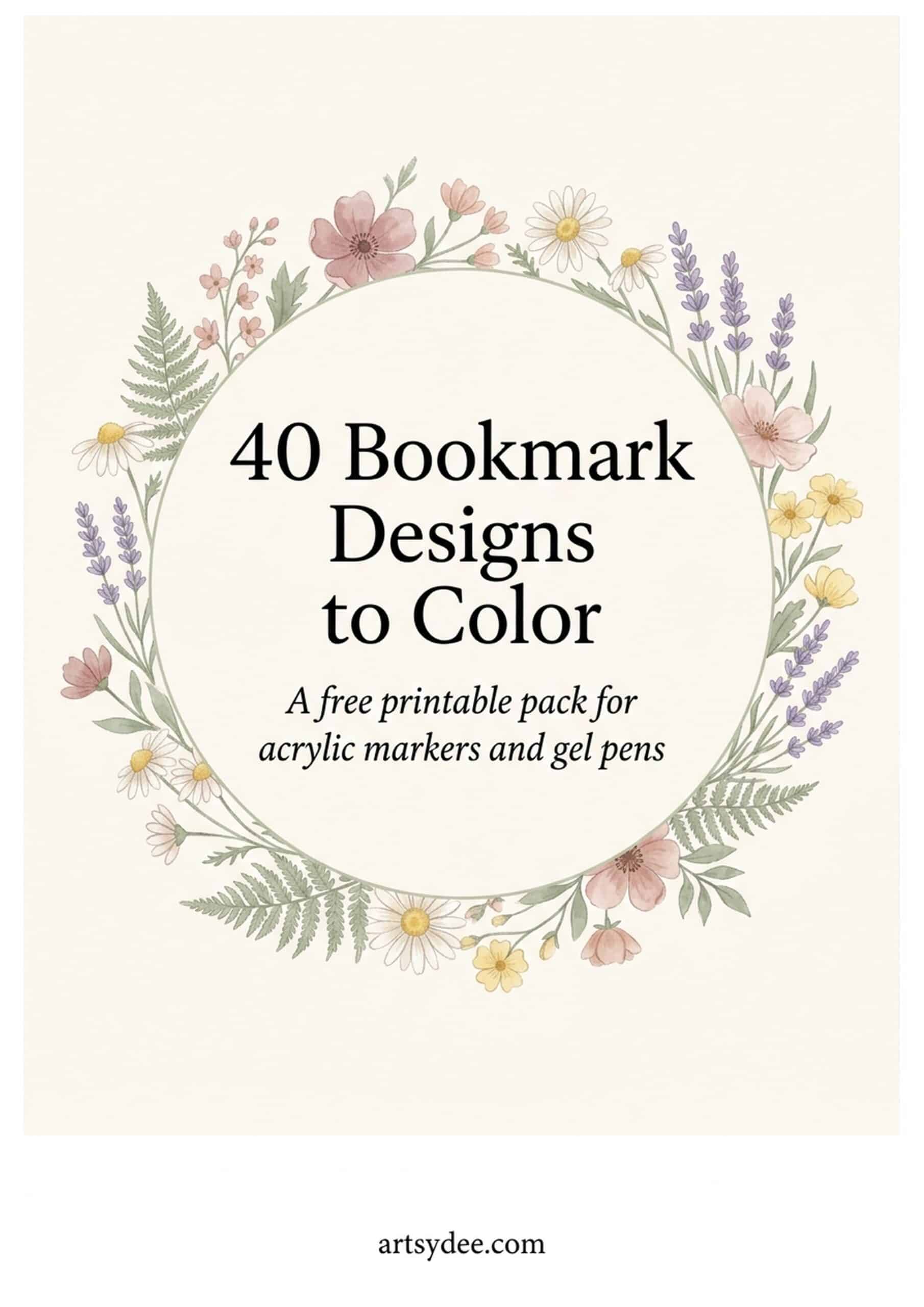 40 Bookmark Designs to Color — free printable pack cover with cottagecore botanical wreath