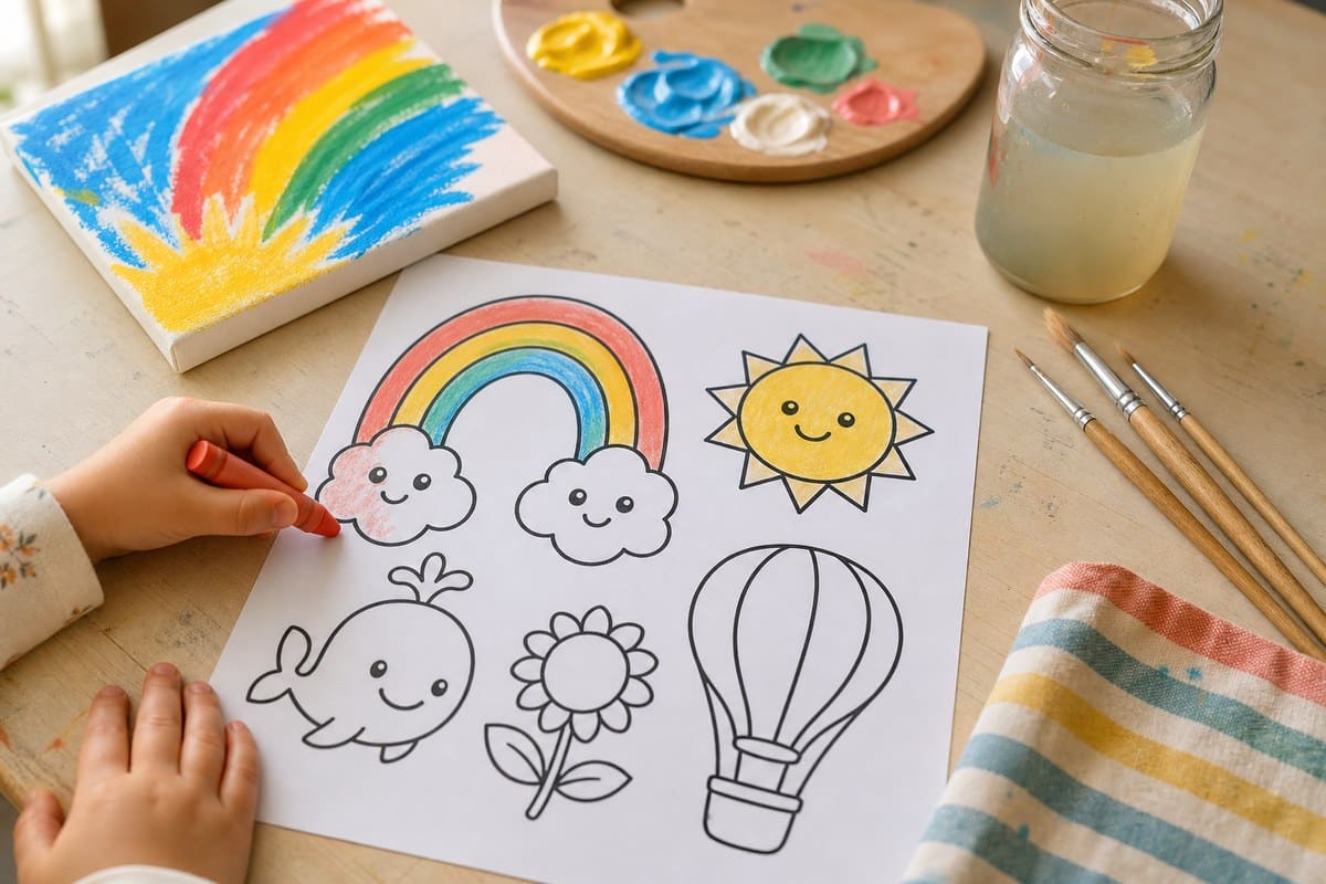Small child painting a rainbow on a canvas at a tabletop easel with acrylic paints