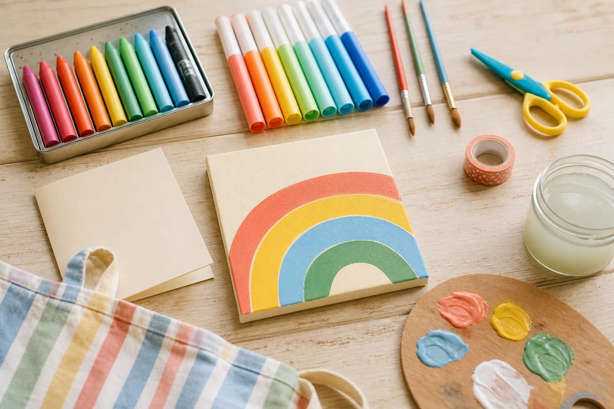 Flatlay of kid-friendly canvas painting supplies for the templates