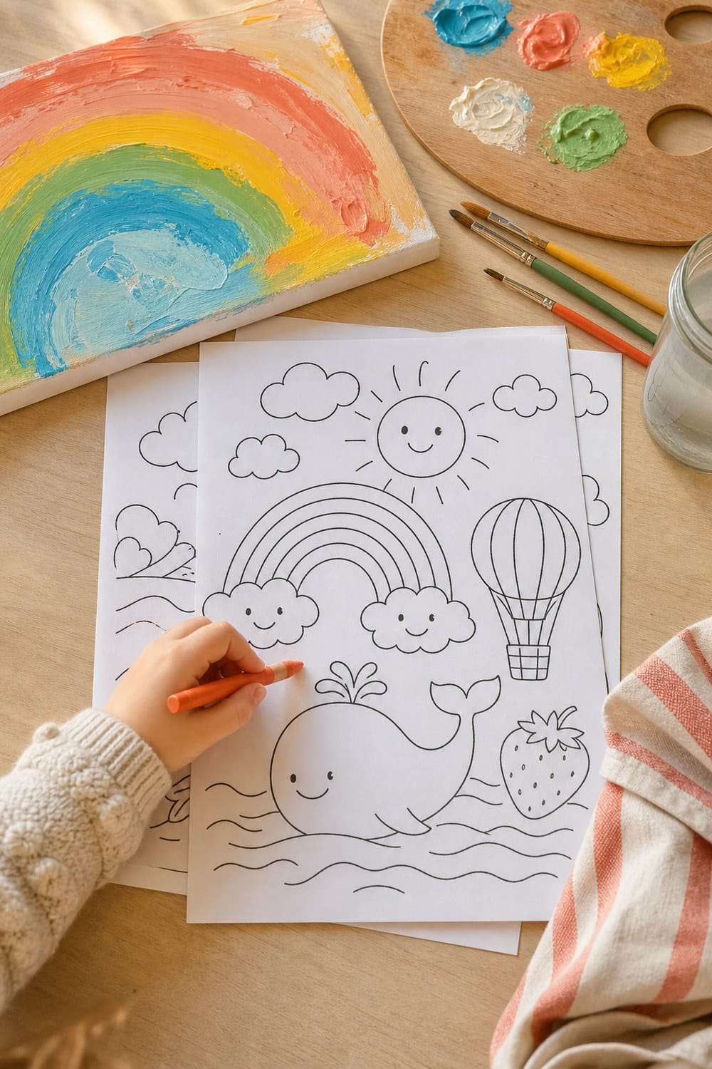 Printed rainbow canvas painting template on a kids art table with palette and brushes