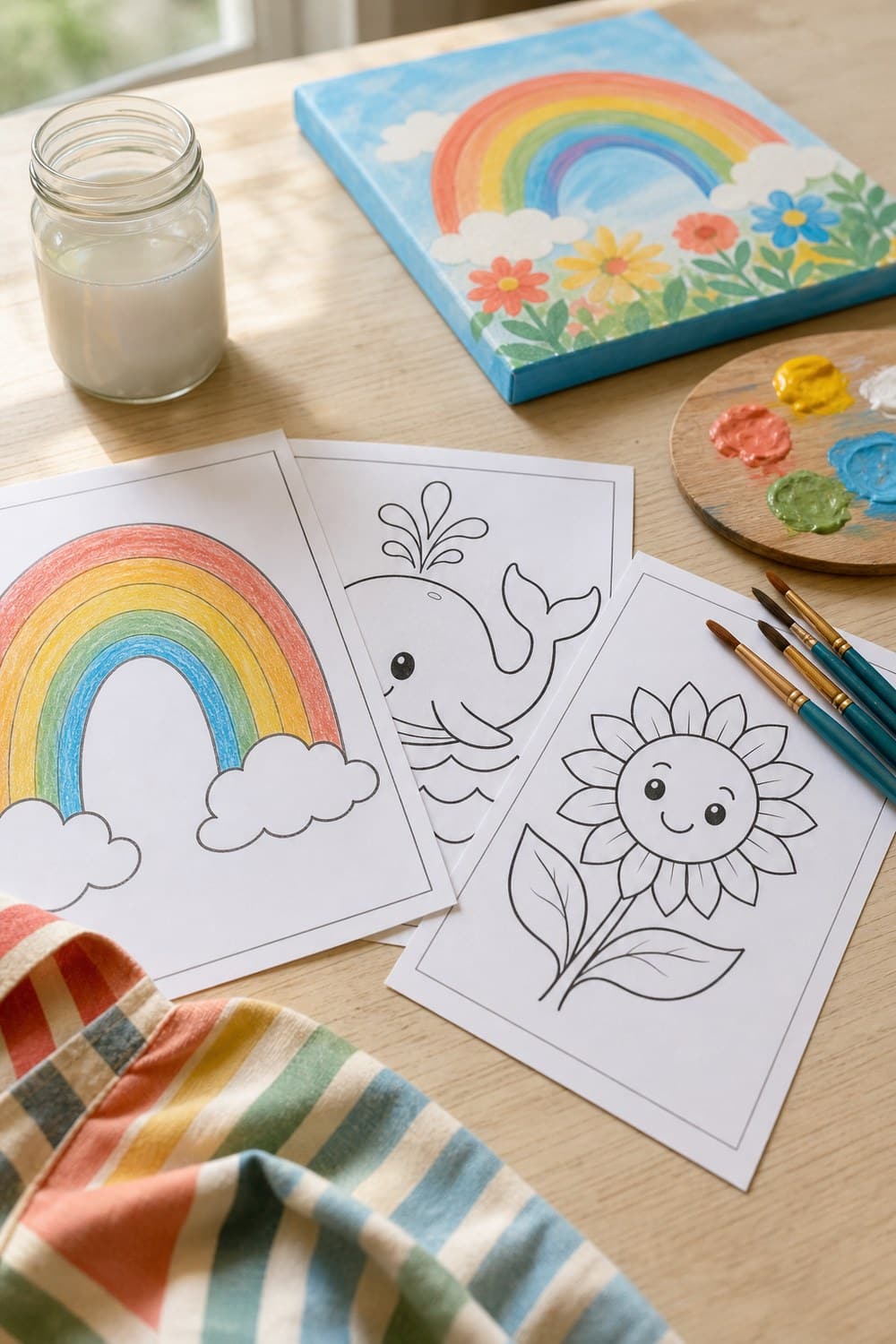 Printed watermelon canvas painting template for kids with palette of paint and brushes
