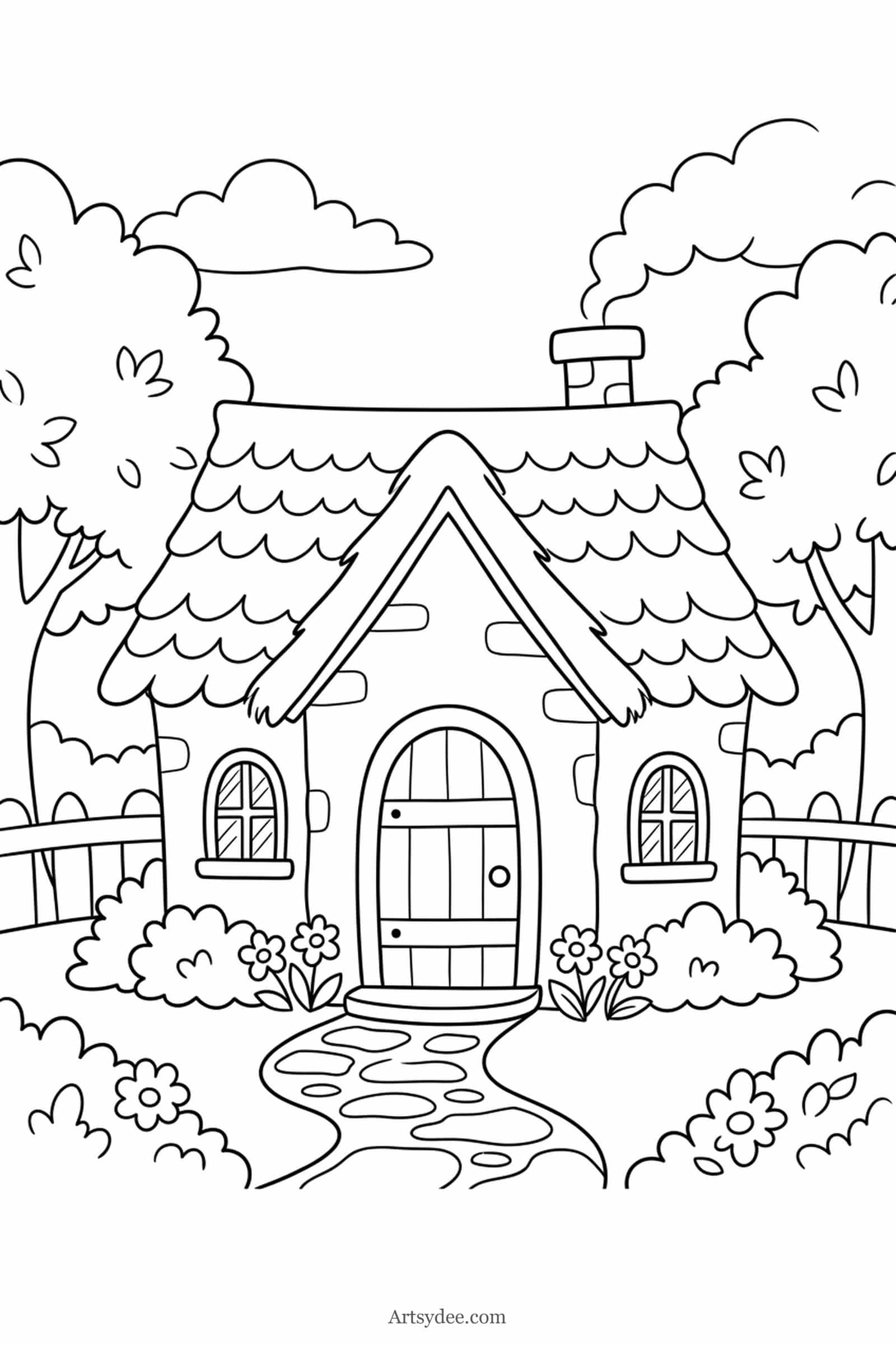 Storybook Cottage watercolor cottage outline template — free printable line drawing to paint