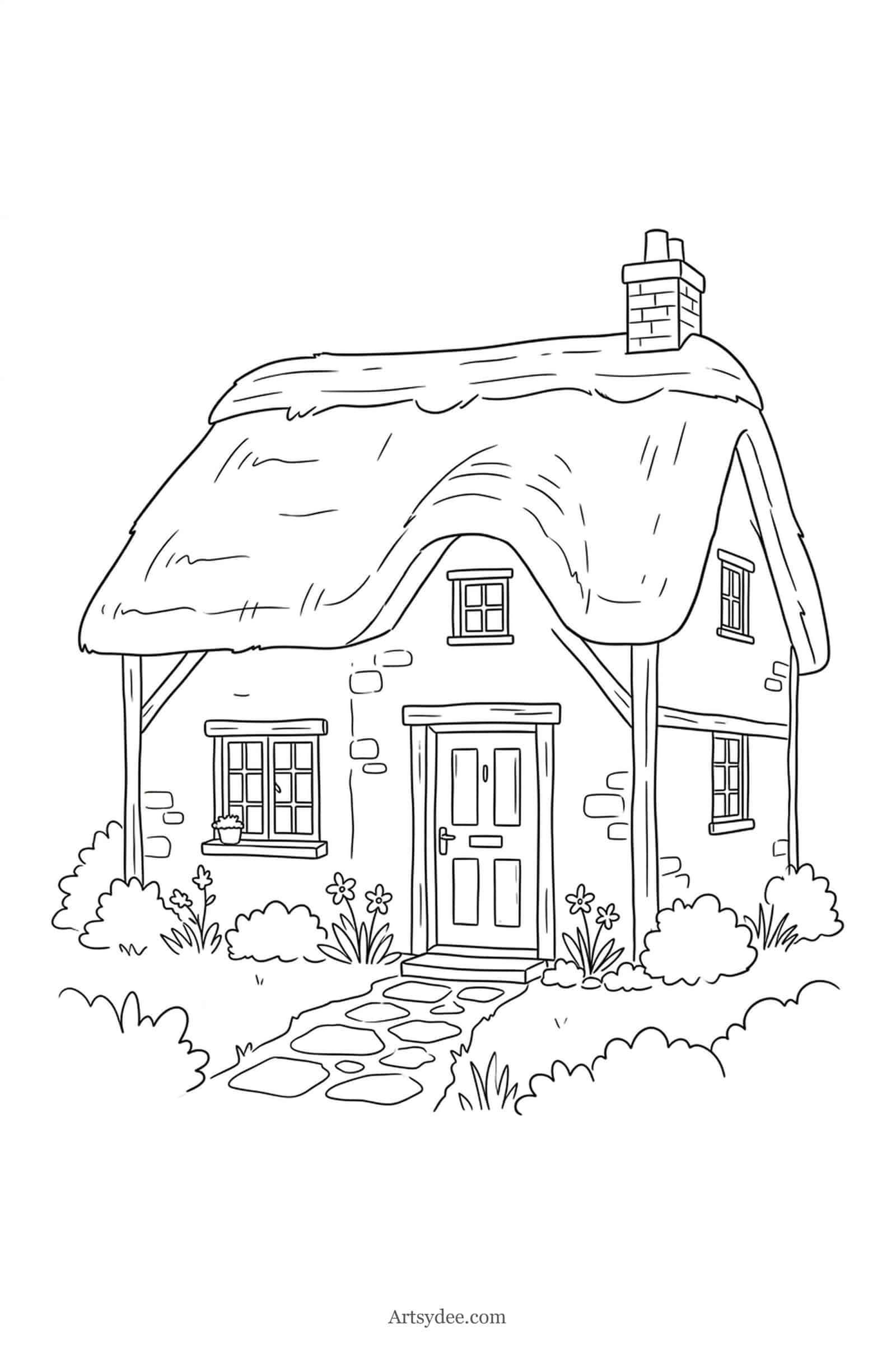 English Thatched Cottage watercolor cottage outline template — free printable line drawing to paint