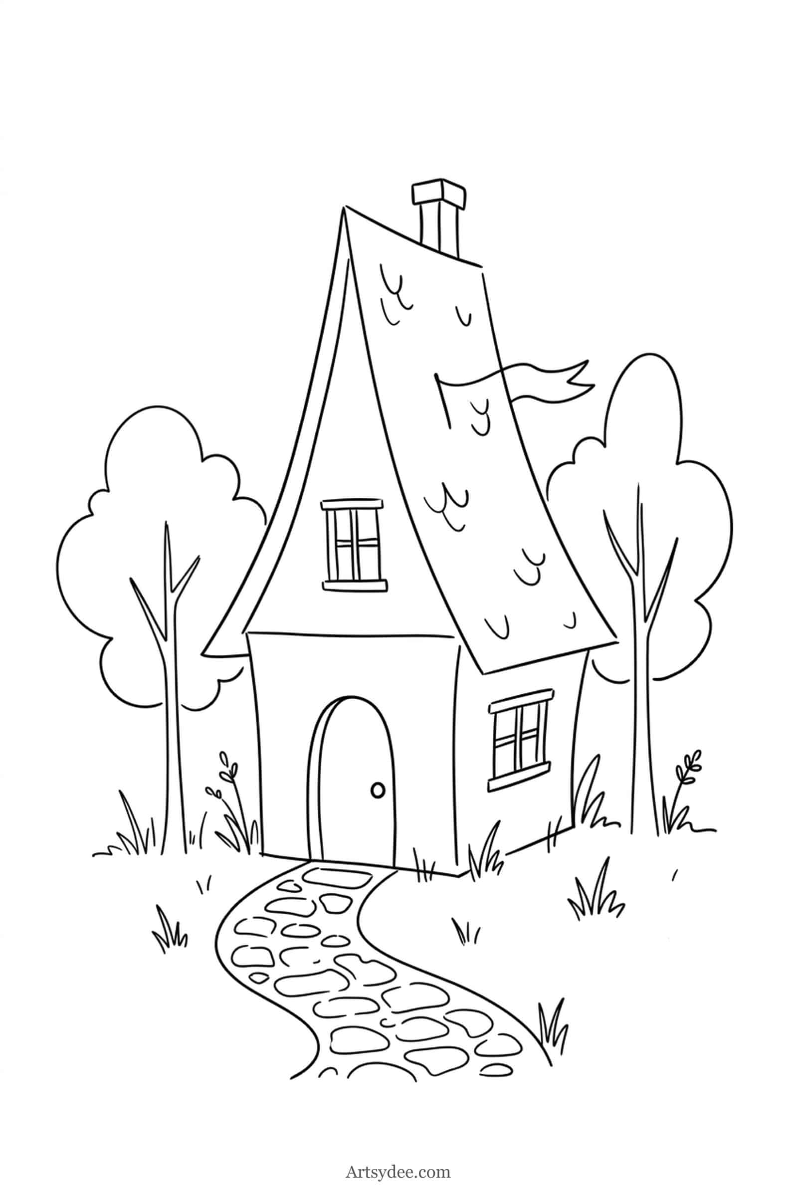 Fairytale Cottage watercolor cottage outline template — free printable line drawing to paint