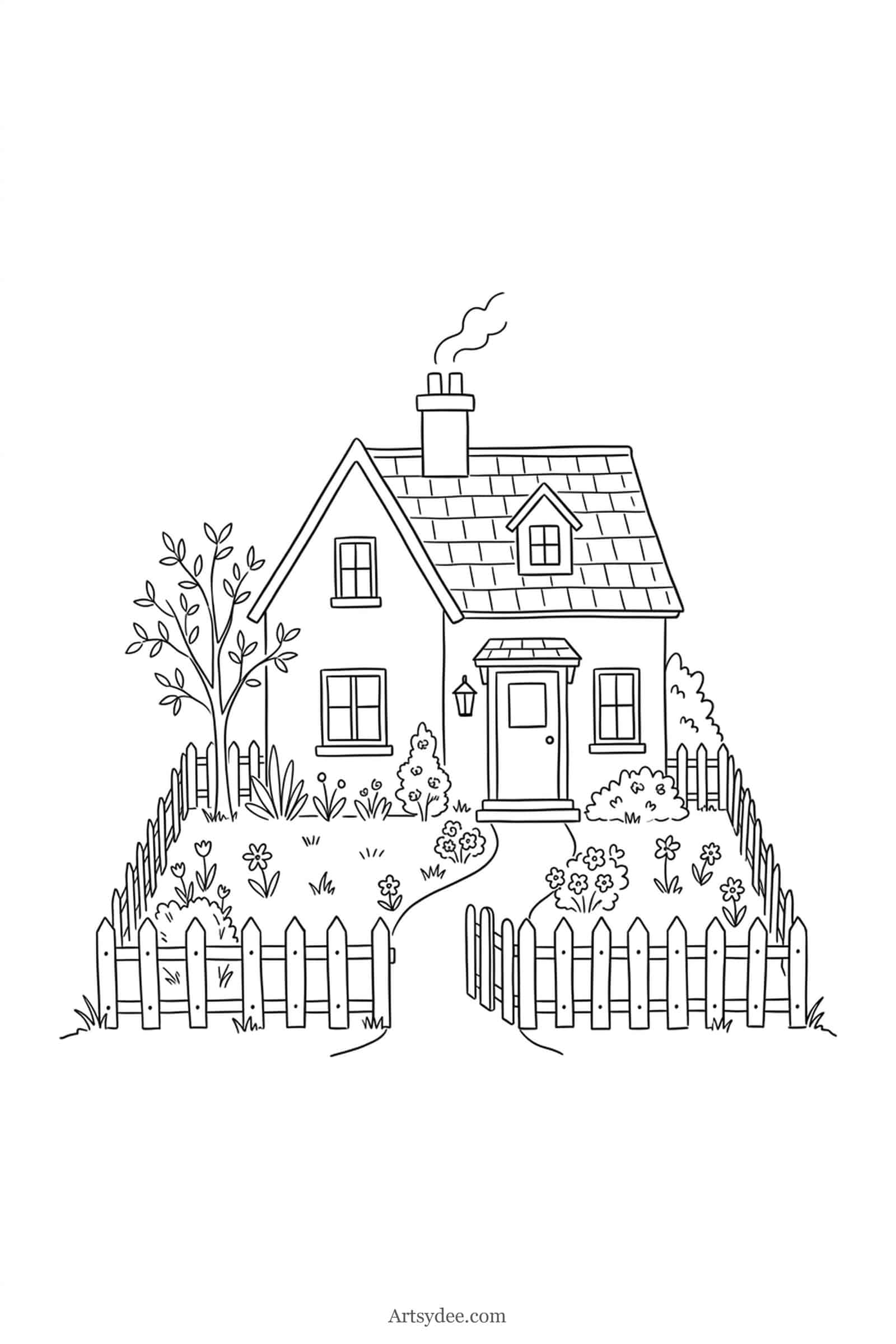 Cottage With Garden watercolor cottage outline template — free printable line drawing to paint