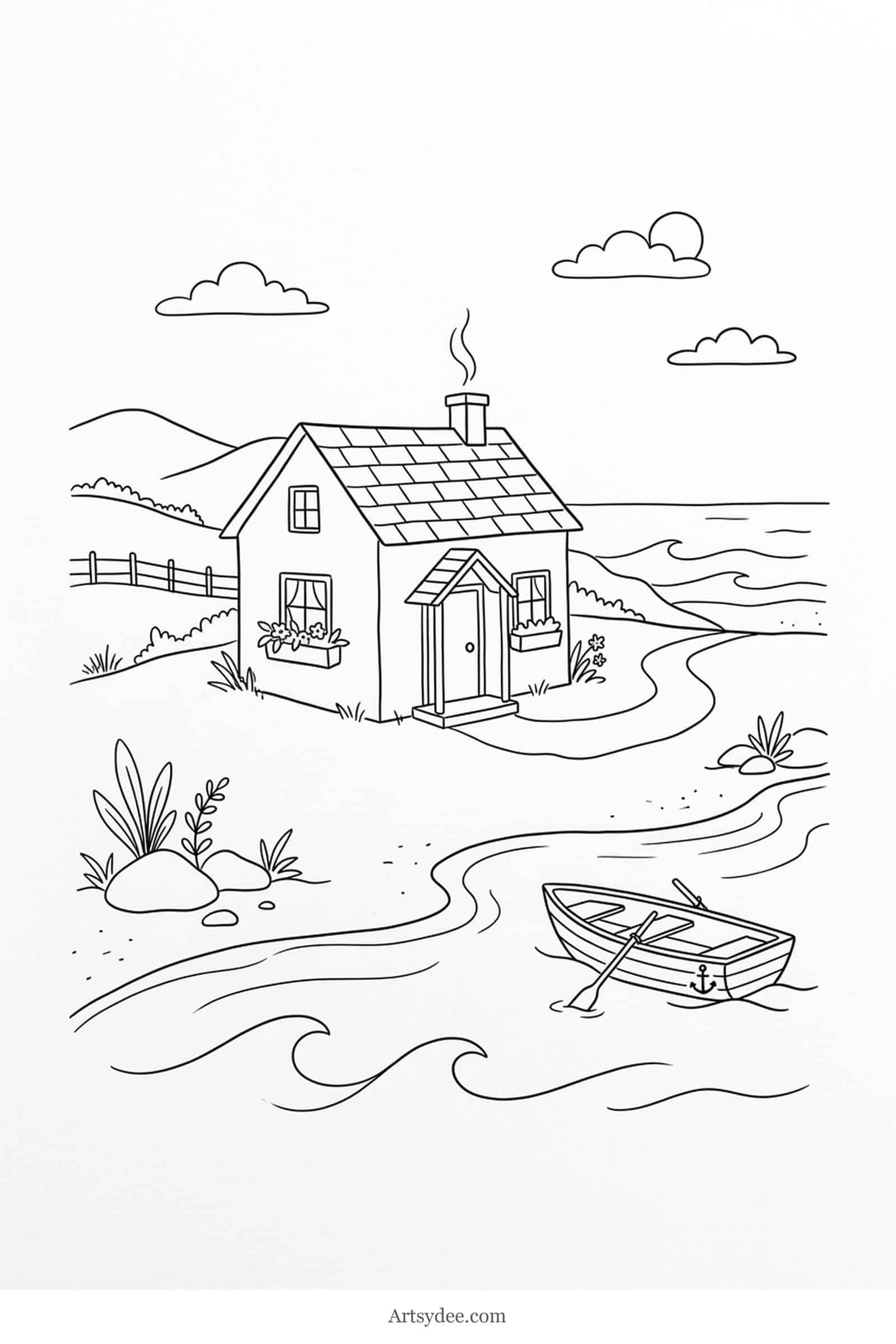 Seaside Cottage watercolor cottage outline template — free printable line drawing to paint