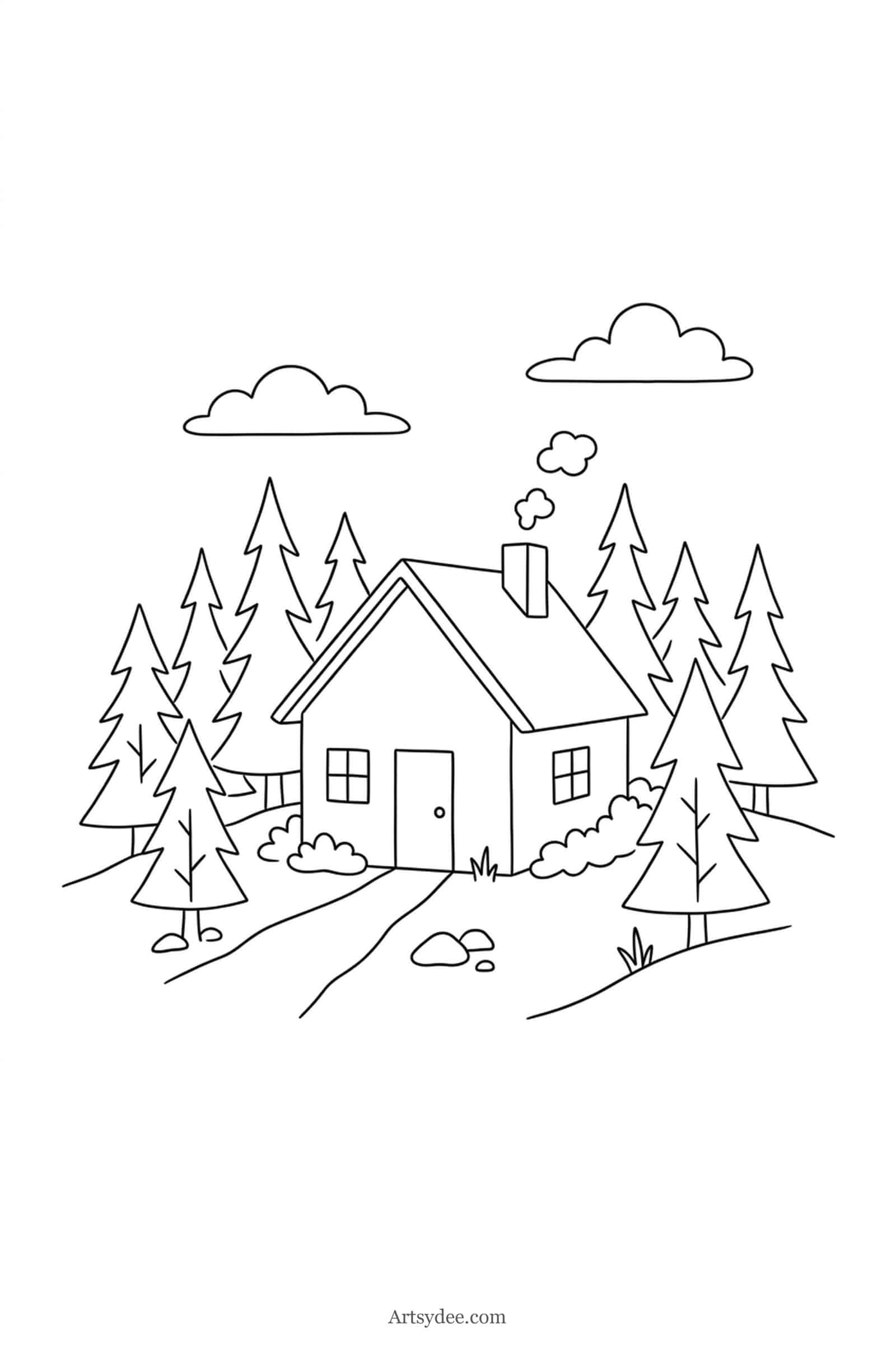 Cottage In The Woods watercolor cottage outline template — free printable line drawing to paint