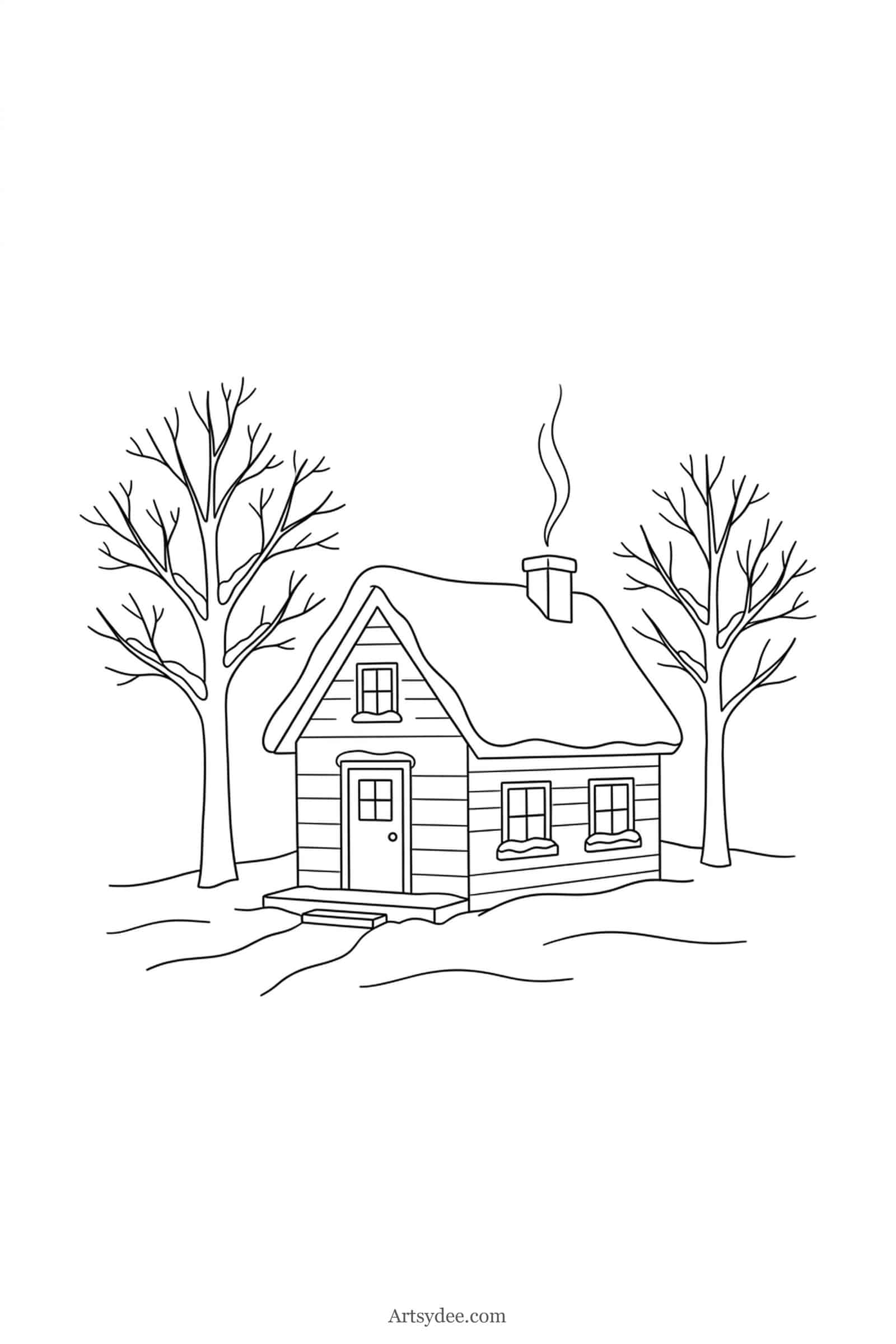 Snowy Cottage watercolor cottage outline template — free printable line drawing to paint