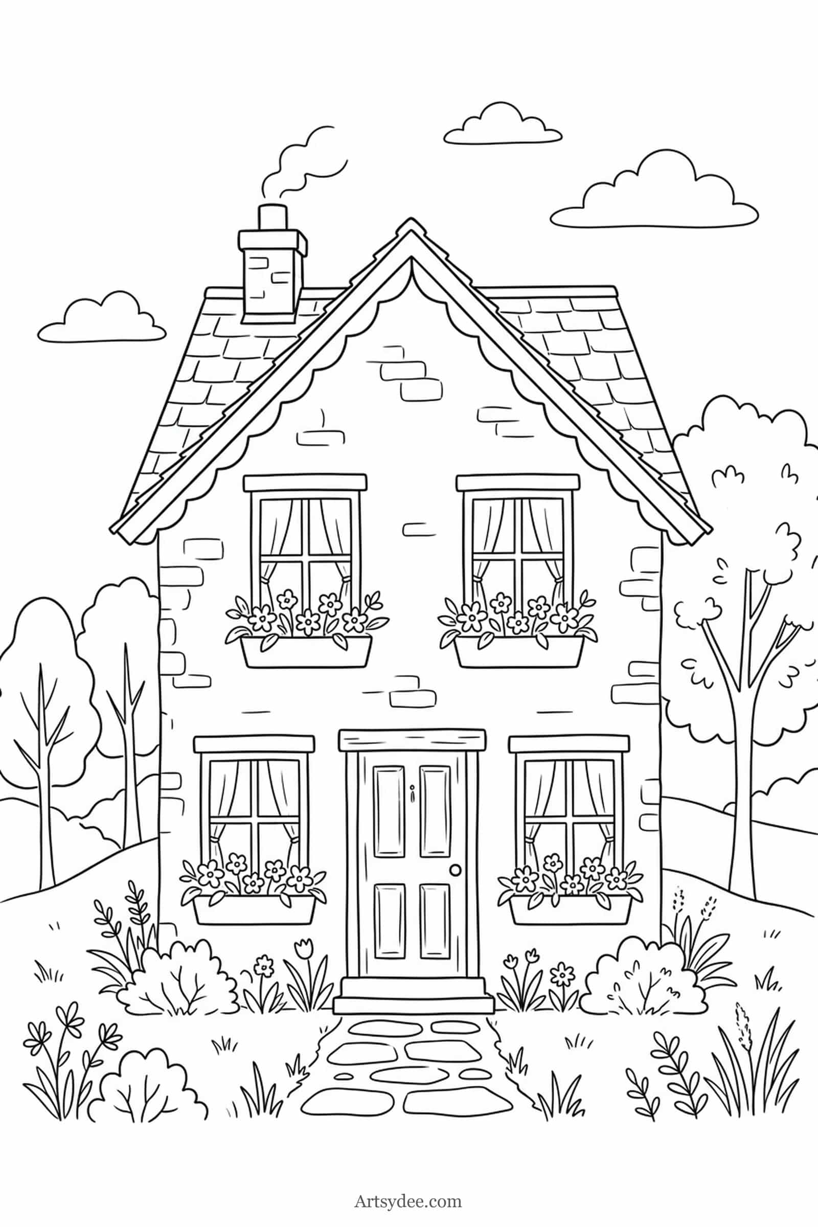 Cottage Window Boxes watercolor cottage outline template — free printable line drawing to paint