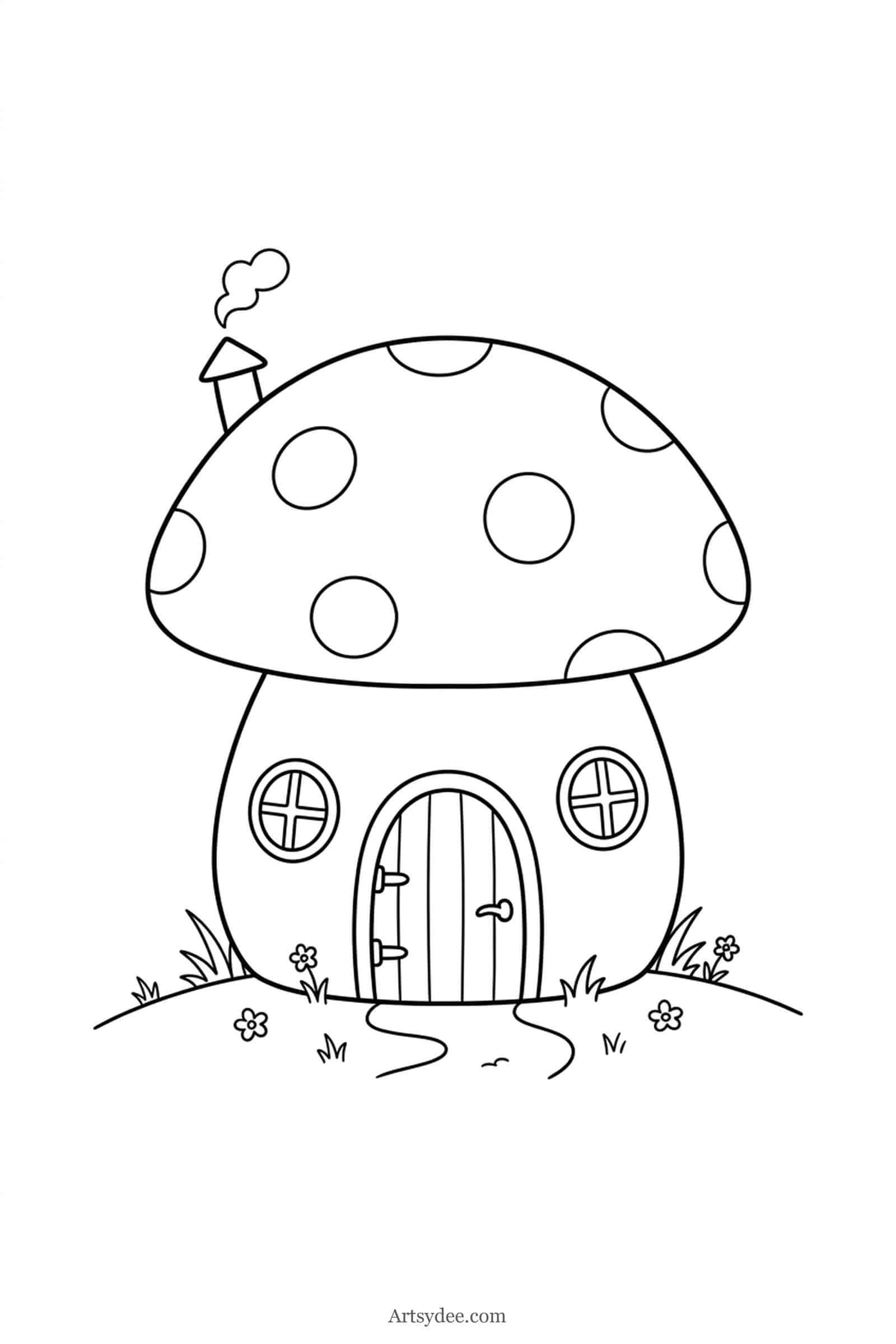 Mushroom Cottage watercolor cottage outline template — free printable line drawing to paint