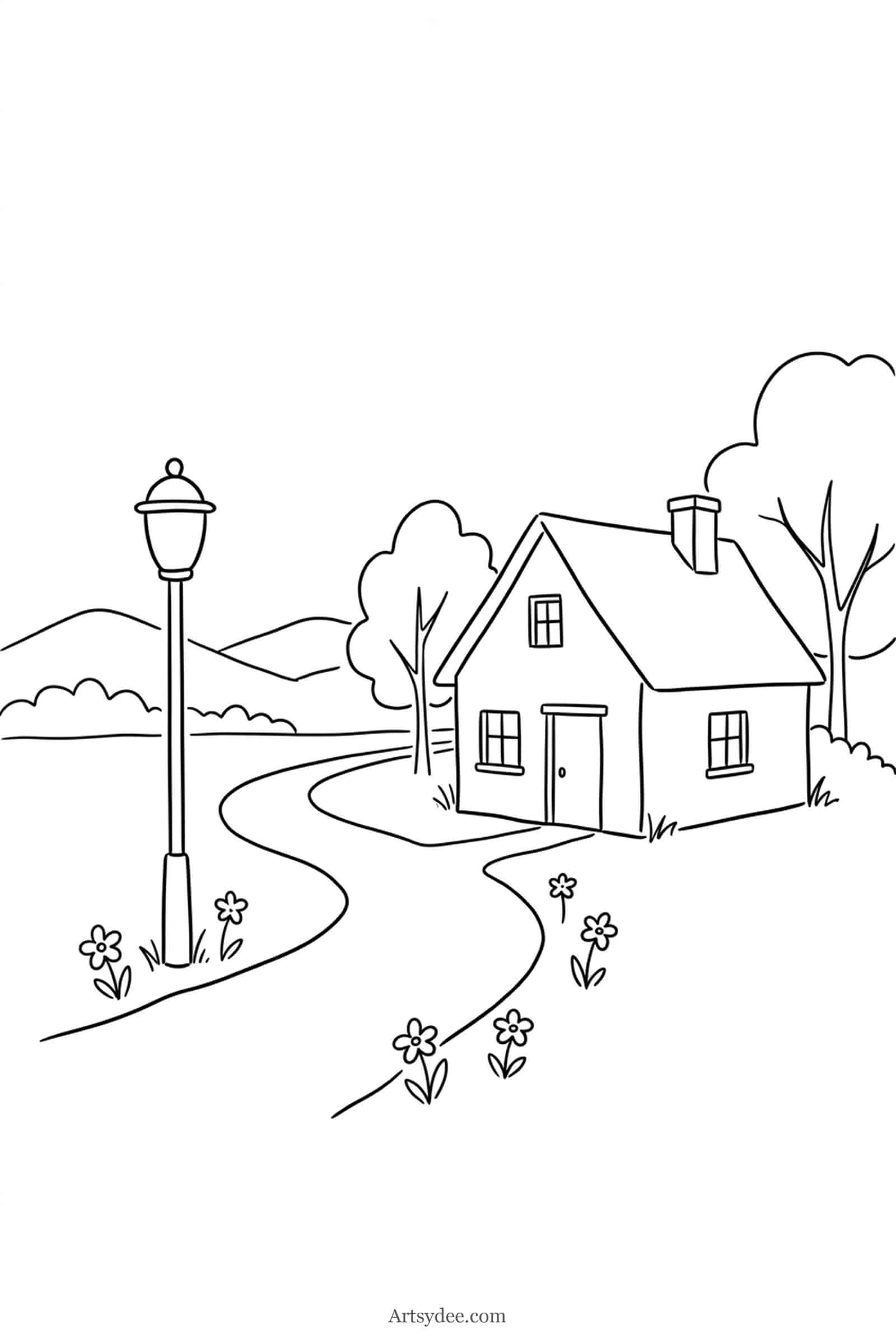 Country Lane Cottage watercolor cottage outline template — free printable line drawing to paint