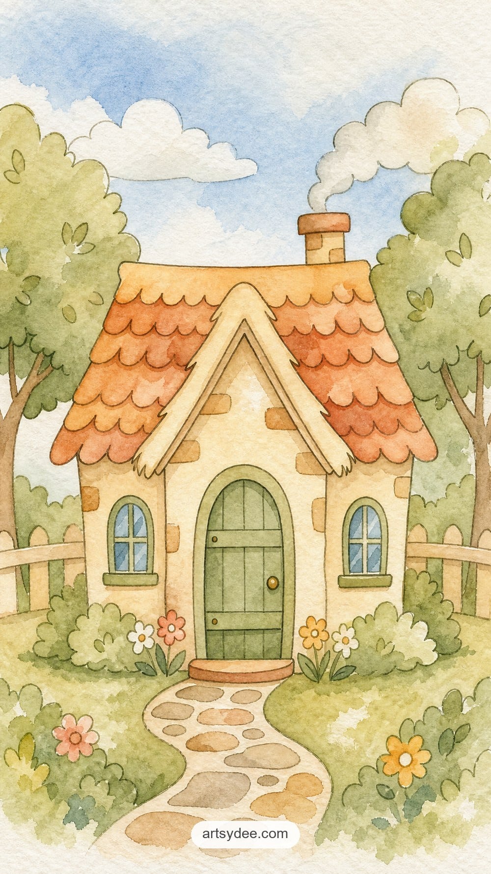 Painted watercolor cottage example from the free cottagecore outline templates