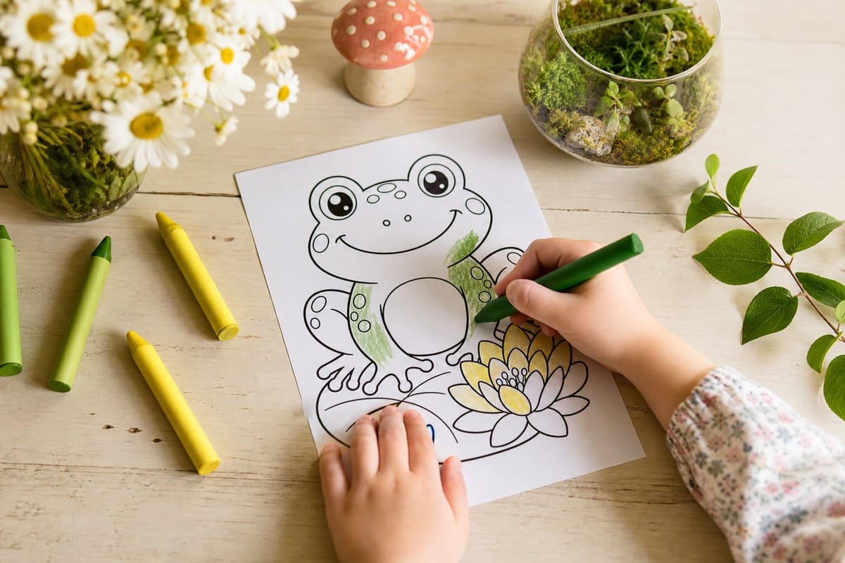 Cute cartoon frog sitting on a lily pad in a peaceful watercolour pond scene