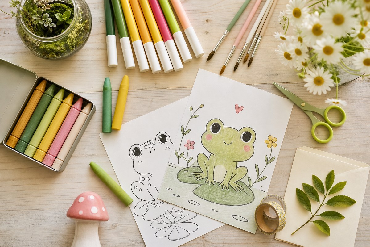 Sketchbook spread covered in cute cartoon frog drawing outlines with a fine-liner and paint supplies