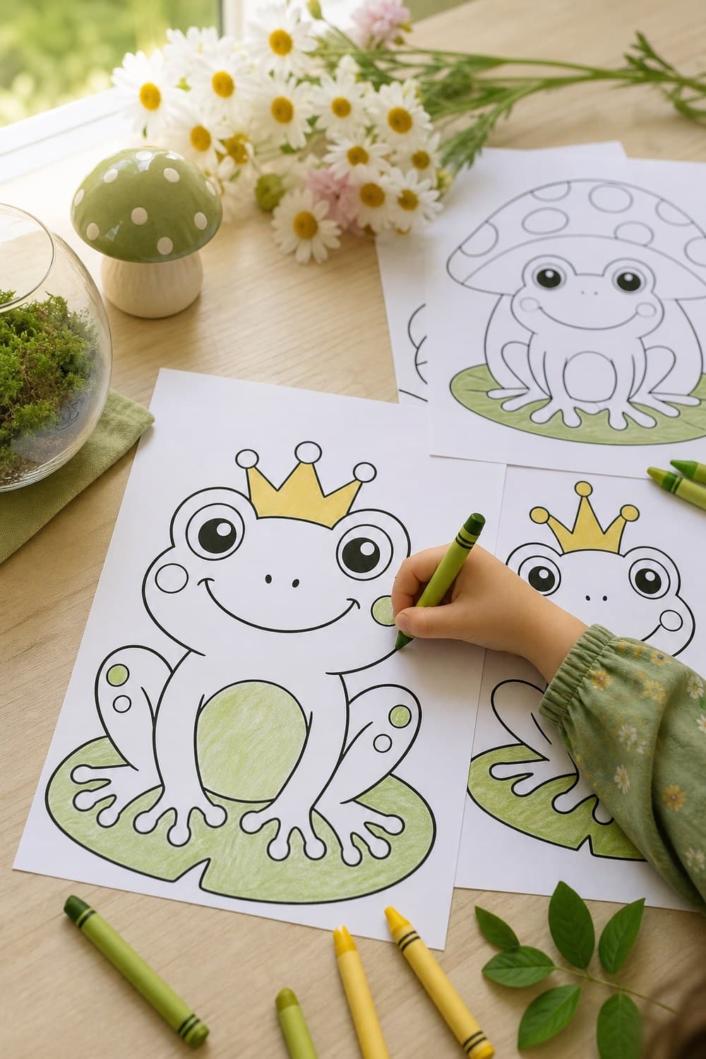 Printed kawaii frog drawing template on a cream and sage desk with a fine-liner and small fern