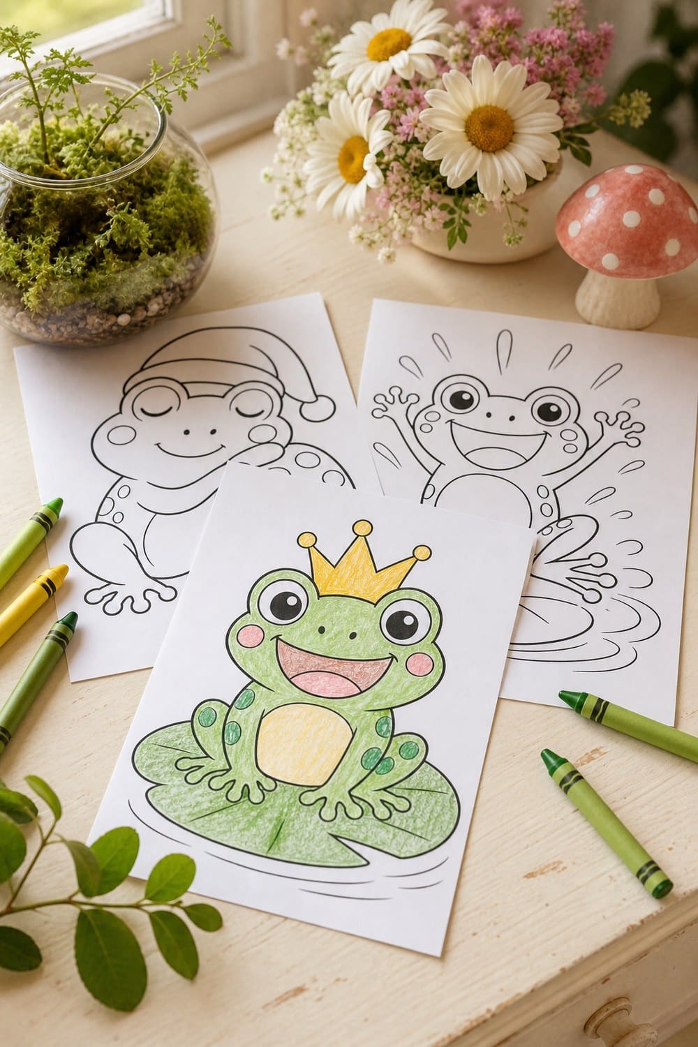Free cute frog drawing templates printed on a cream and sage desk with watercolour supplies