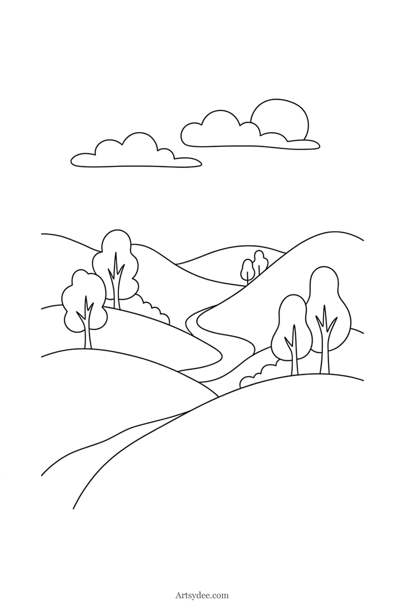 Rolling Hills easy watercolor landscape outline template — free printable line drawing to paint