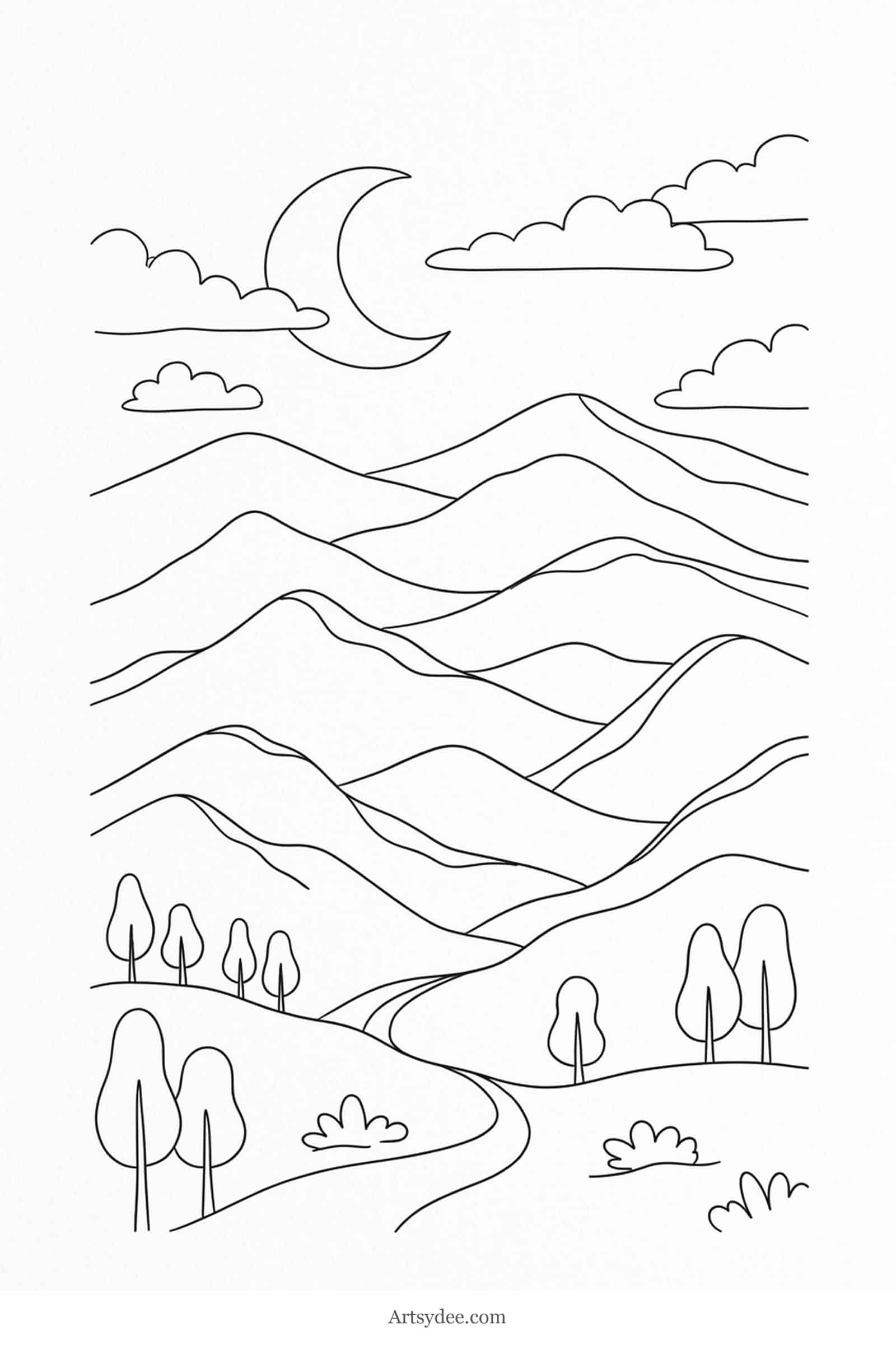 Mountain Range easy watercolor landscape outline template — free printable line drawing to paint