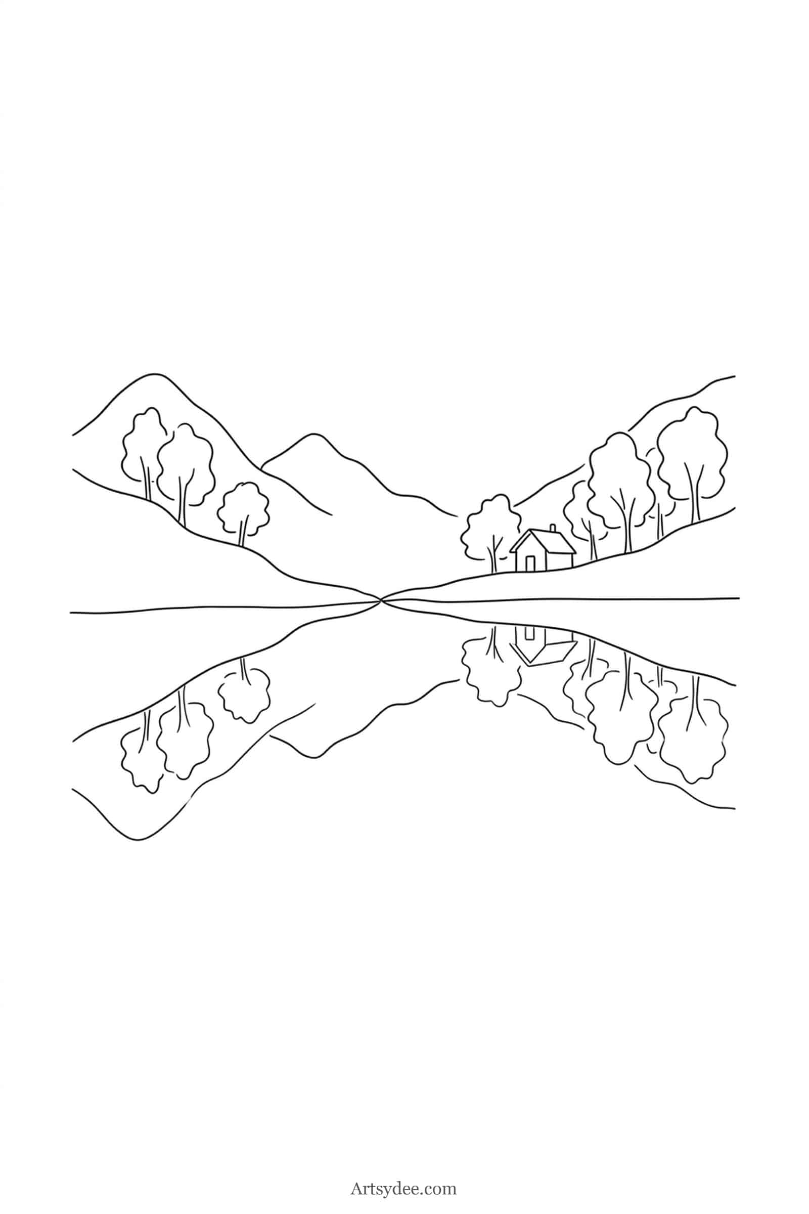 Lake And Reflection easy watercolor landscape outline template — free printable line drawing to paint