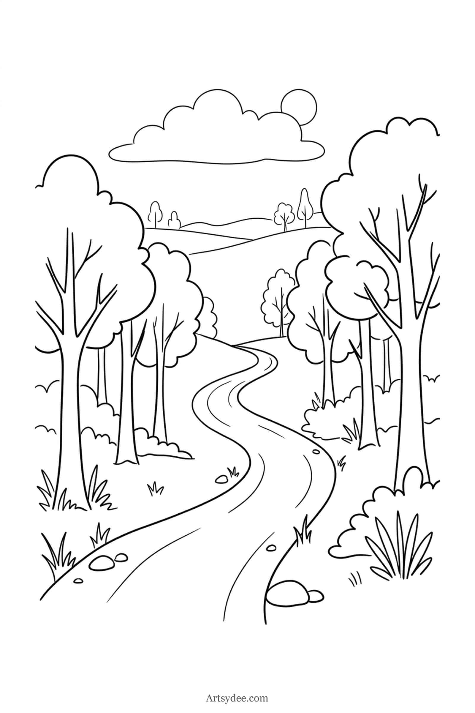 Forest Path easy watercolor landscape outline template — free printable line drawing to paint