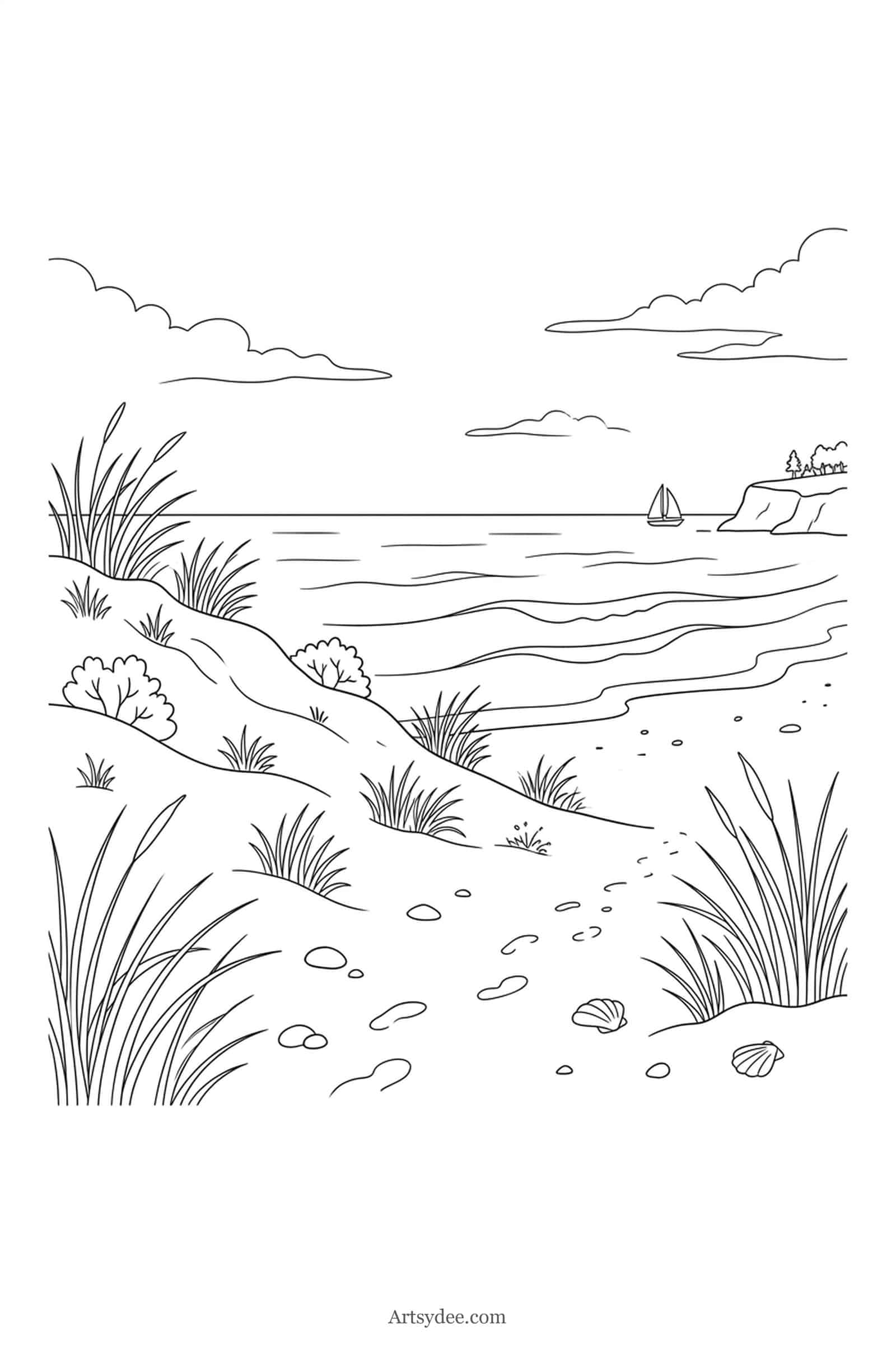 Coastal Beach easy watercolor landscape outline template — free printable line drawing to paint
