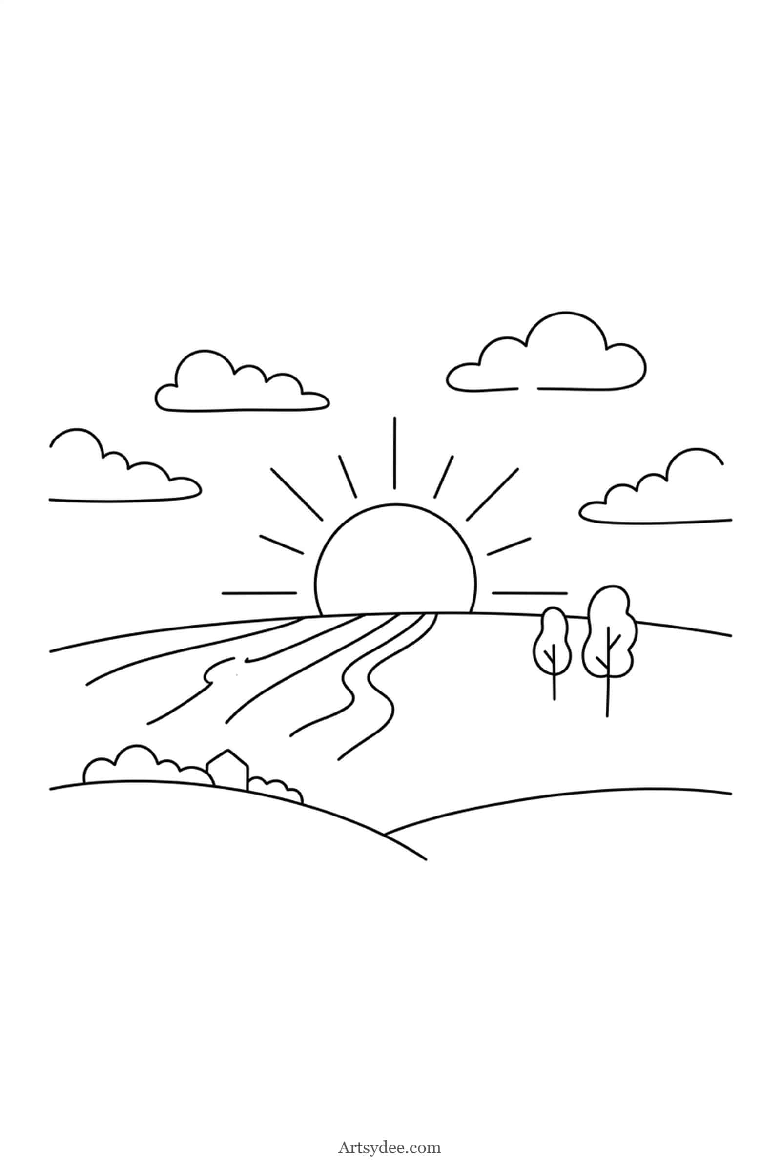 Sunset Field easy watercolor landscape outline template — free printable line drawing to paint