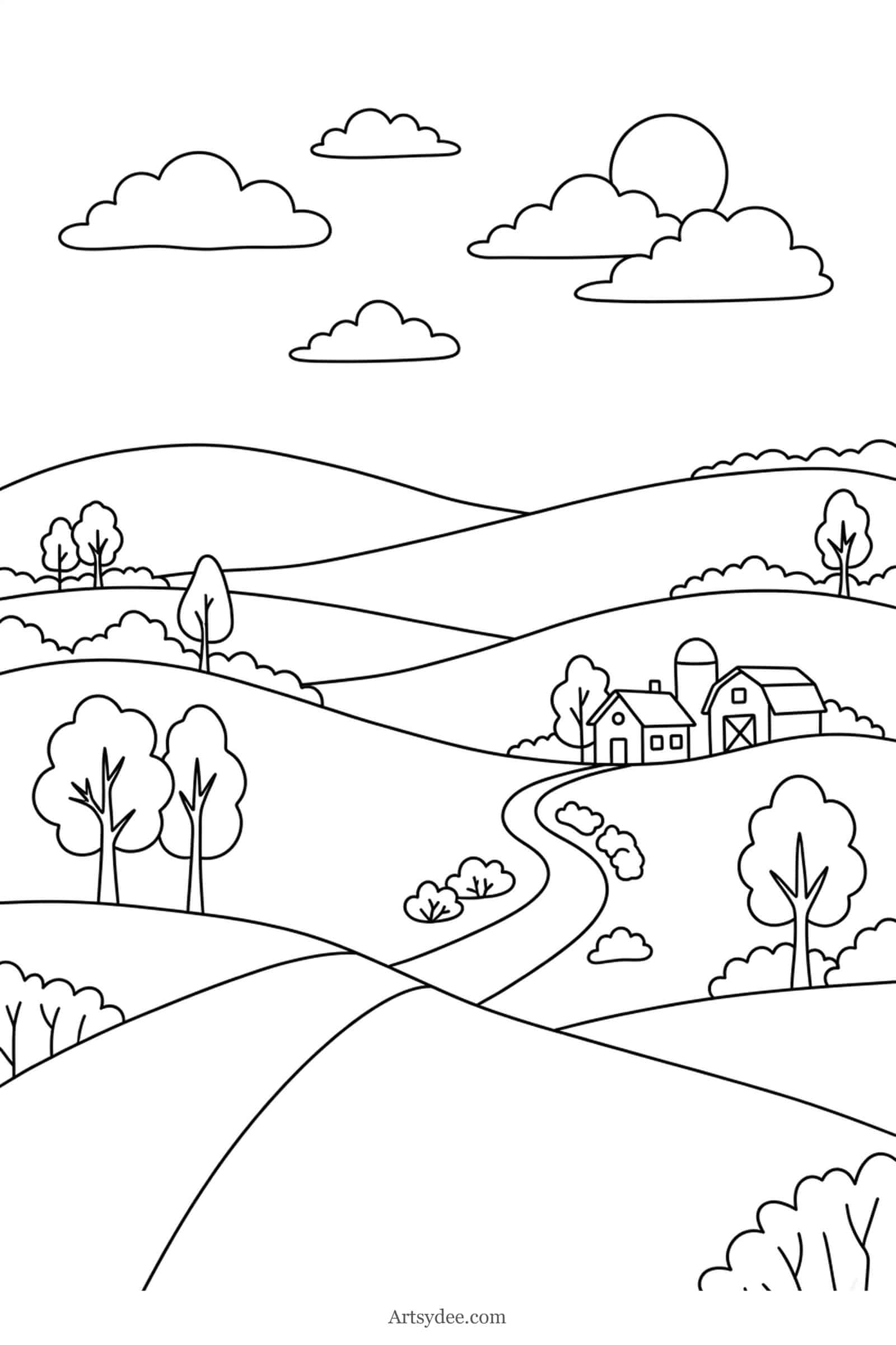 Countryside With Trees easy watercolor landscape outline template — free printable line drawing to paint