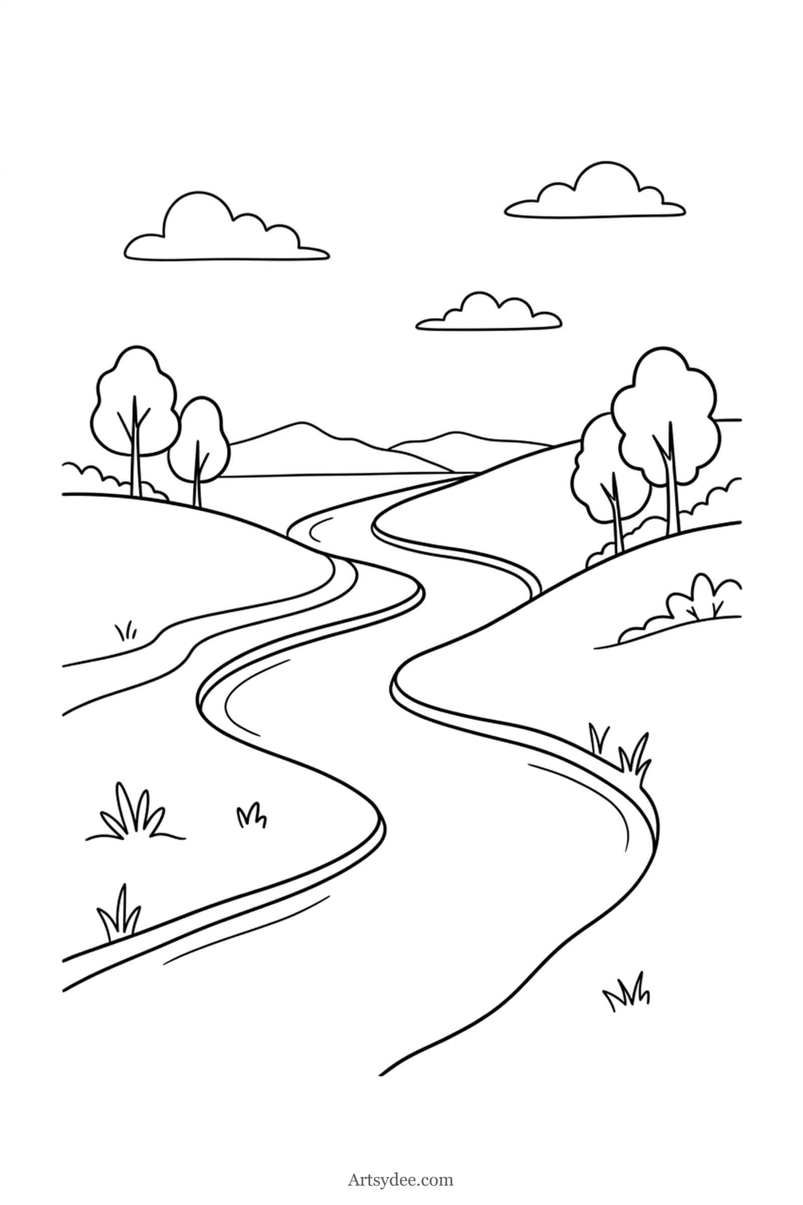 River Scene easy watercolor landscape outline template — free printable line drawing to paint