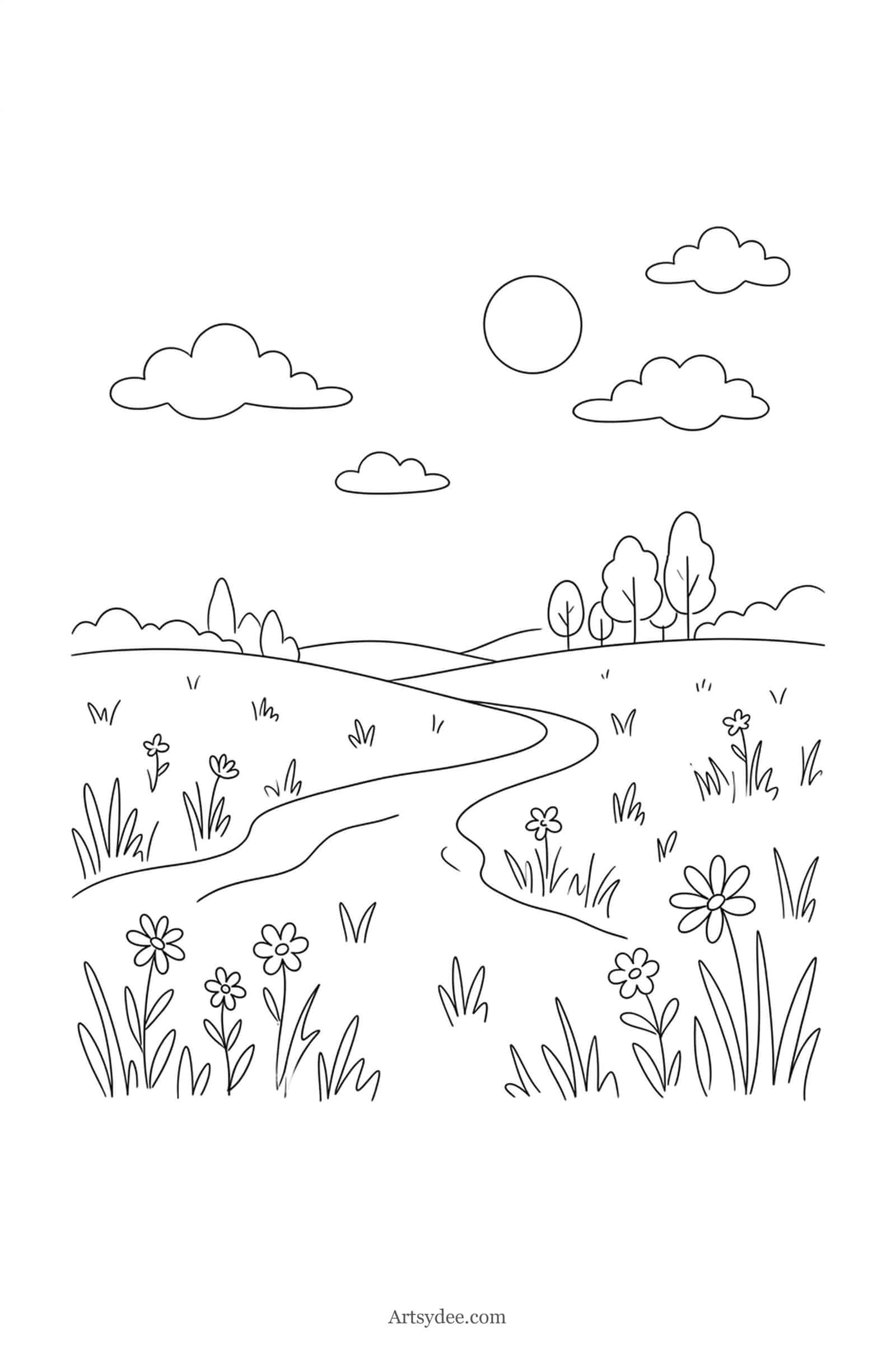 Meadow easy watercolor landscape outline template — free printable line drawing to paint