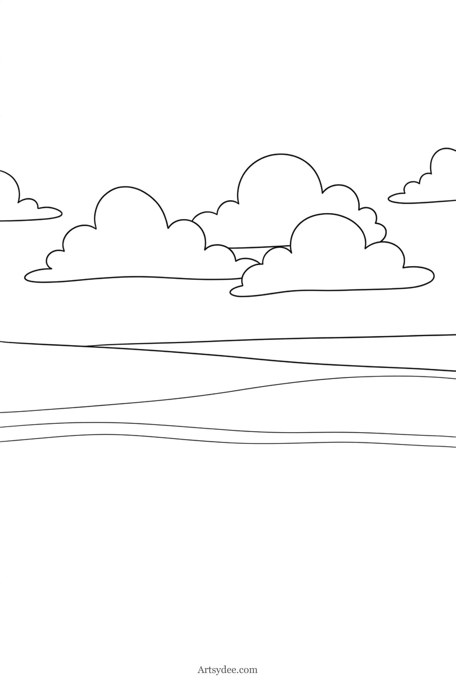 Horizon With Clouds easy watercolor landscape outline template — free printable line drawing to paint