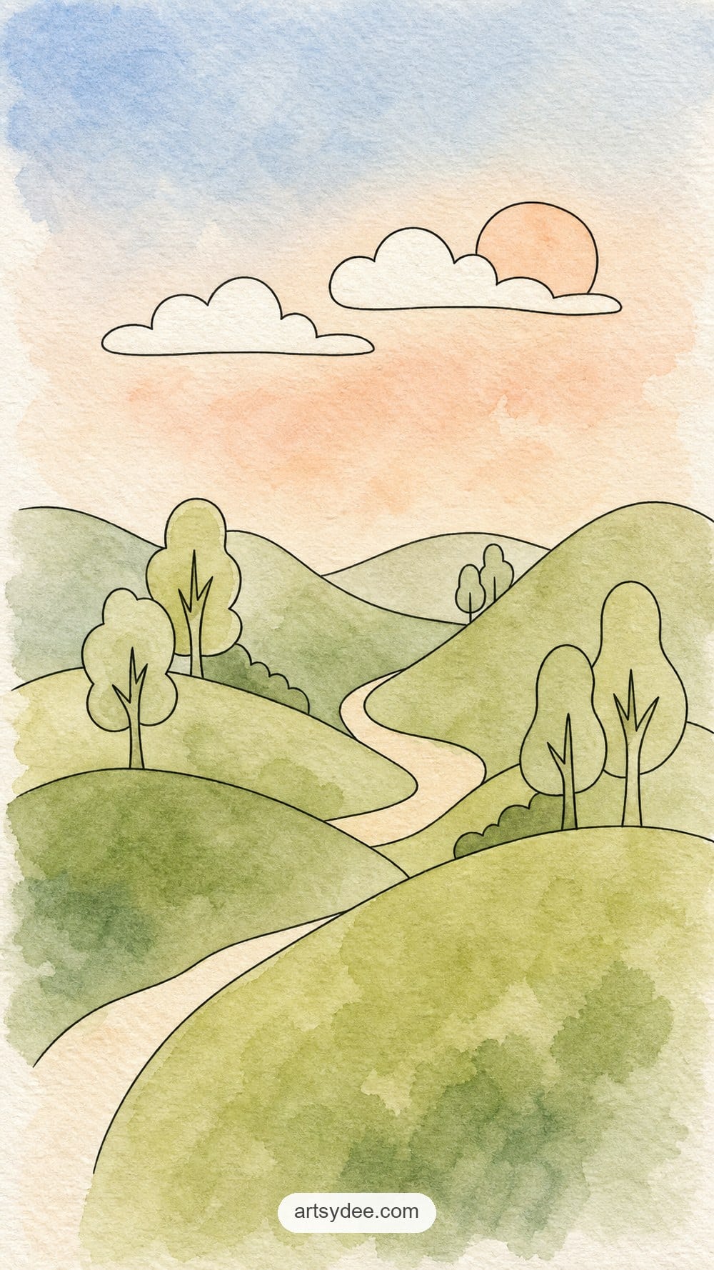 Painted easy watercolor landscape example from the free outline templates