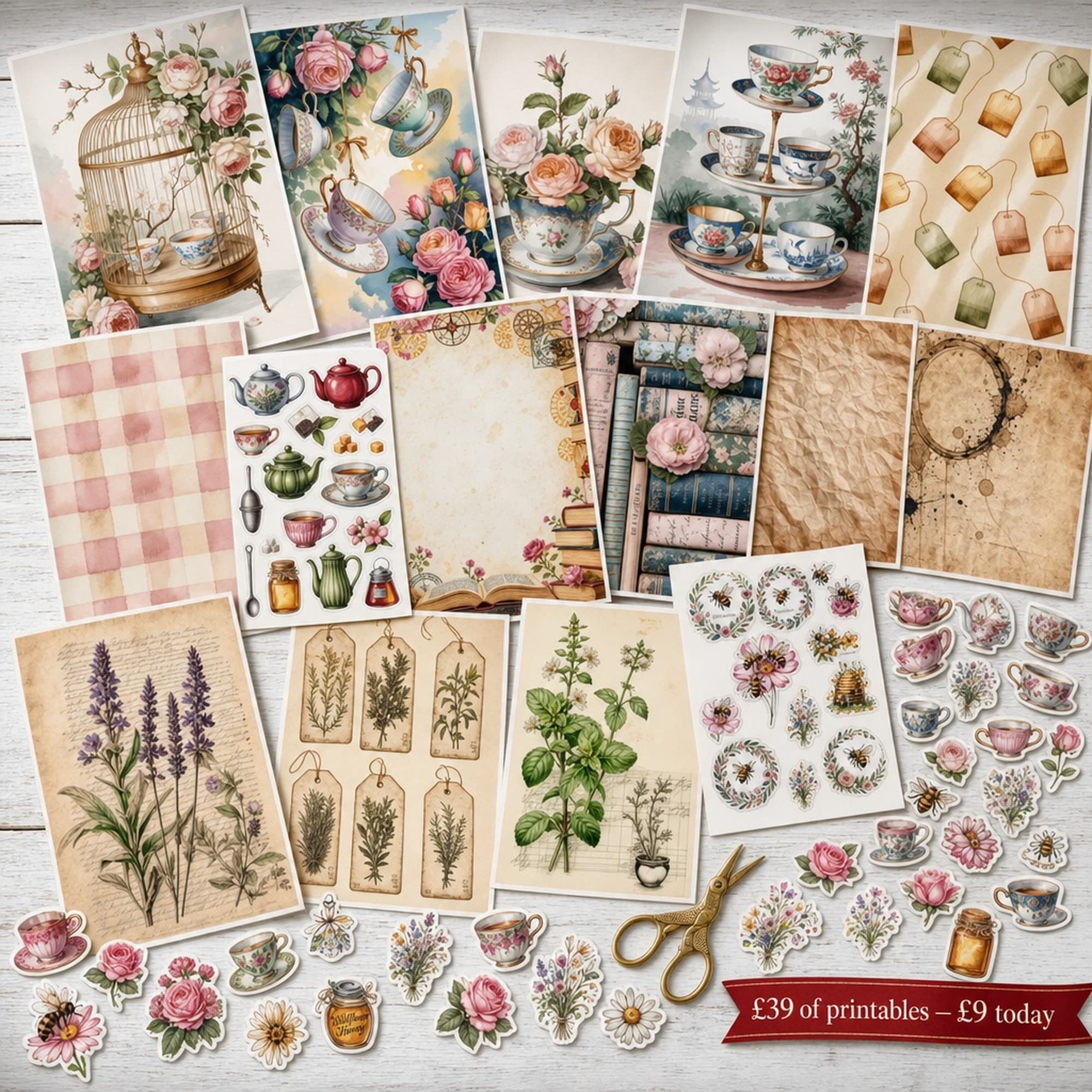 Junk Journal Starter Vault — real printable pages from all six kits laid out on a white-washed desk: tea party birdcage page, teacup ephemera, book stacks, herb botanicals, bee stickers and stained papers