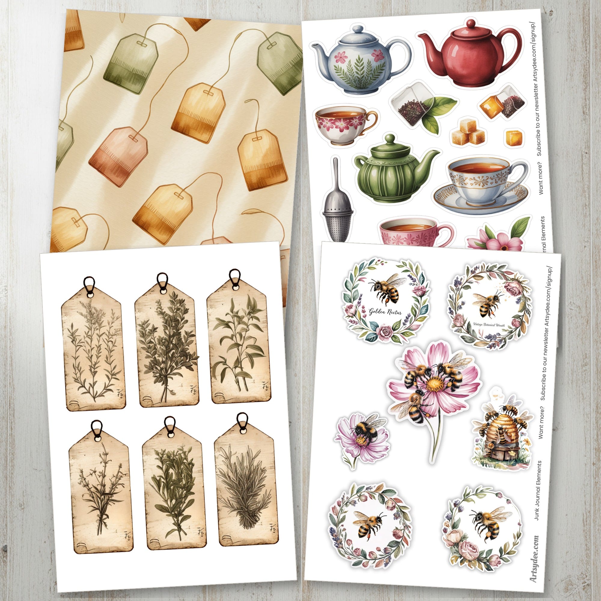 Close-up of real junk journal printables from the vault — tea bag papers, teapot ephemera, herb tags and bee sticker sheets ready to cut and layer