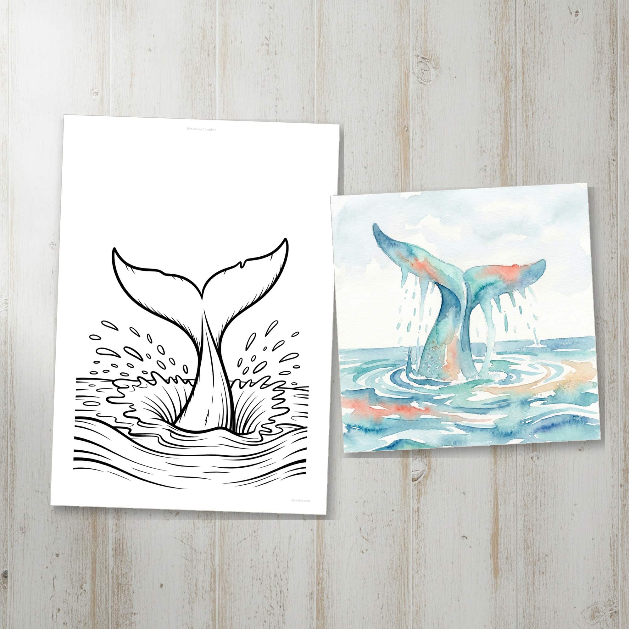 Before and after &mdash; the whale tail watercolor template from the vault next to the same page fully painted