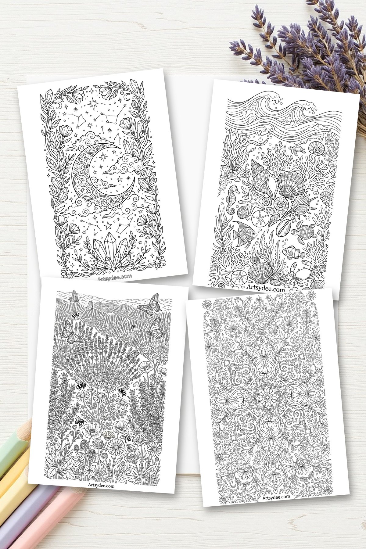 Four free printable self-care coloring pages for adults - celestial, ocean, lavender and mandala themes