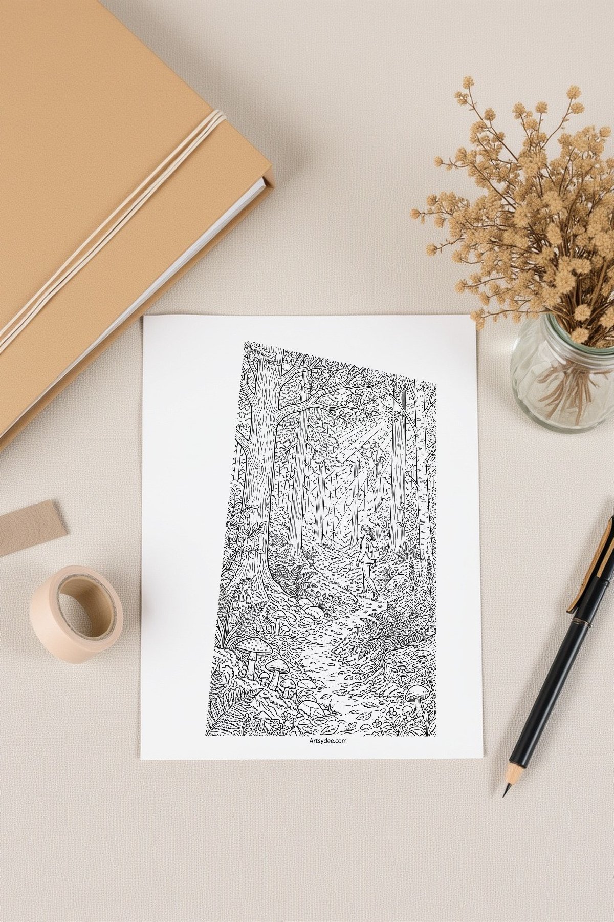 Self-care coloring page printable with journal and washi tape - coloring and journaling ritual