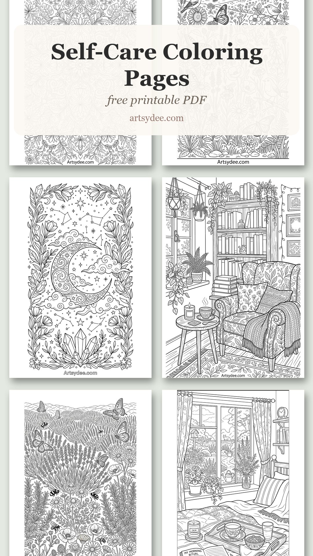 Self-care coloring pages for adults - free printable PDF - six relaxing mindful coloring page designs