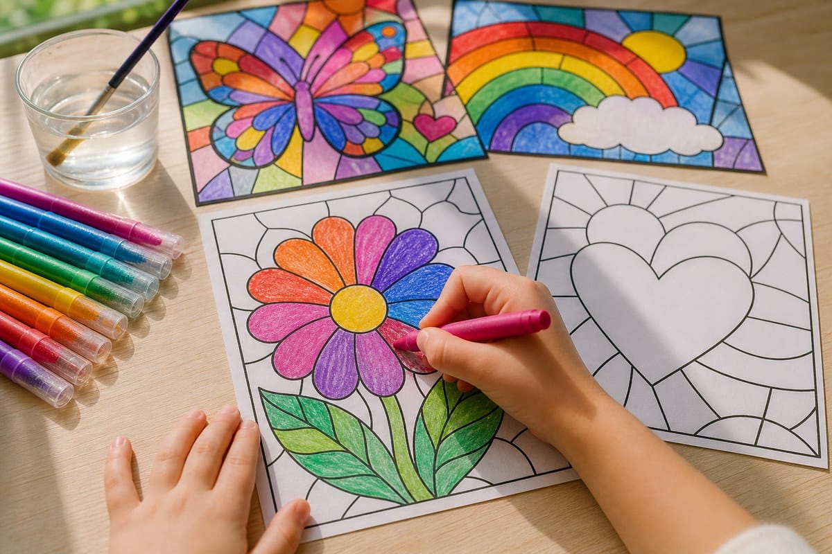 Child colouring in a stained glass sun pattern with bright yellow crayons at a craft desk