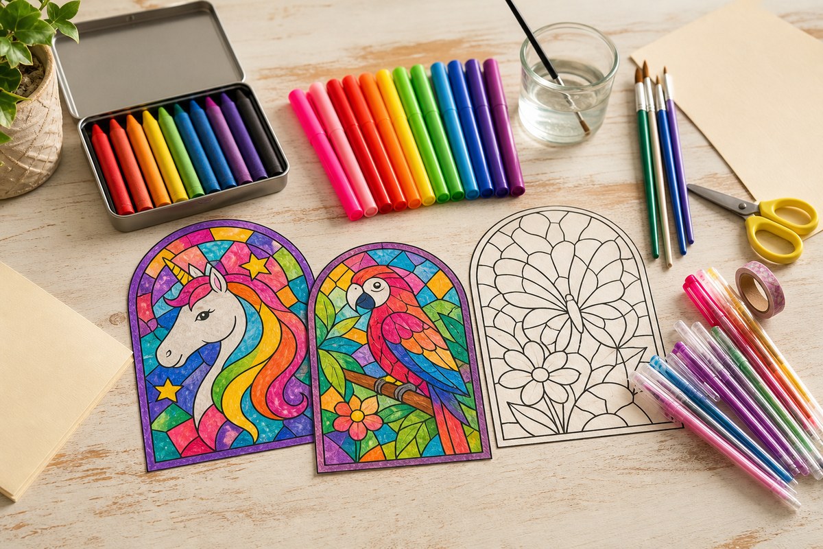 Stained glass kids craft supplies flatlay with crayons, safety scissors, tissue paper and a butterfly printable